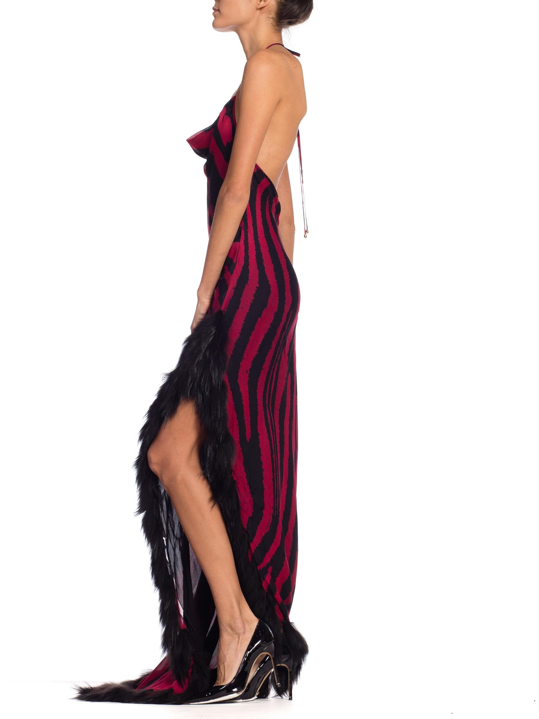 2000s Roberto Cavalli Bias Silk Chiffon Animal Print Slit Gown with Fur NWT 1
