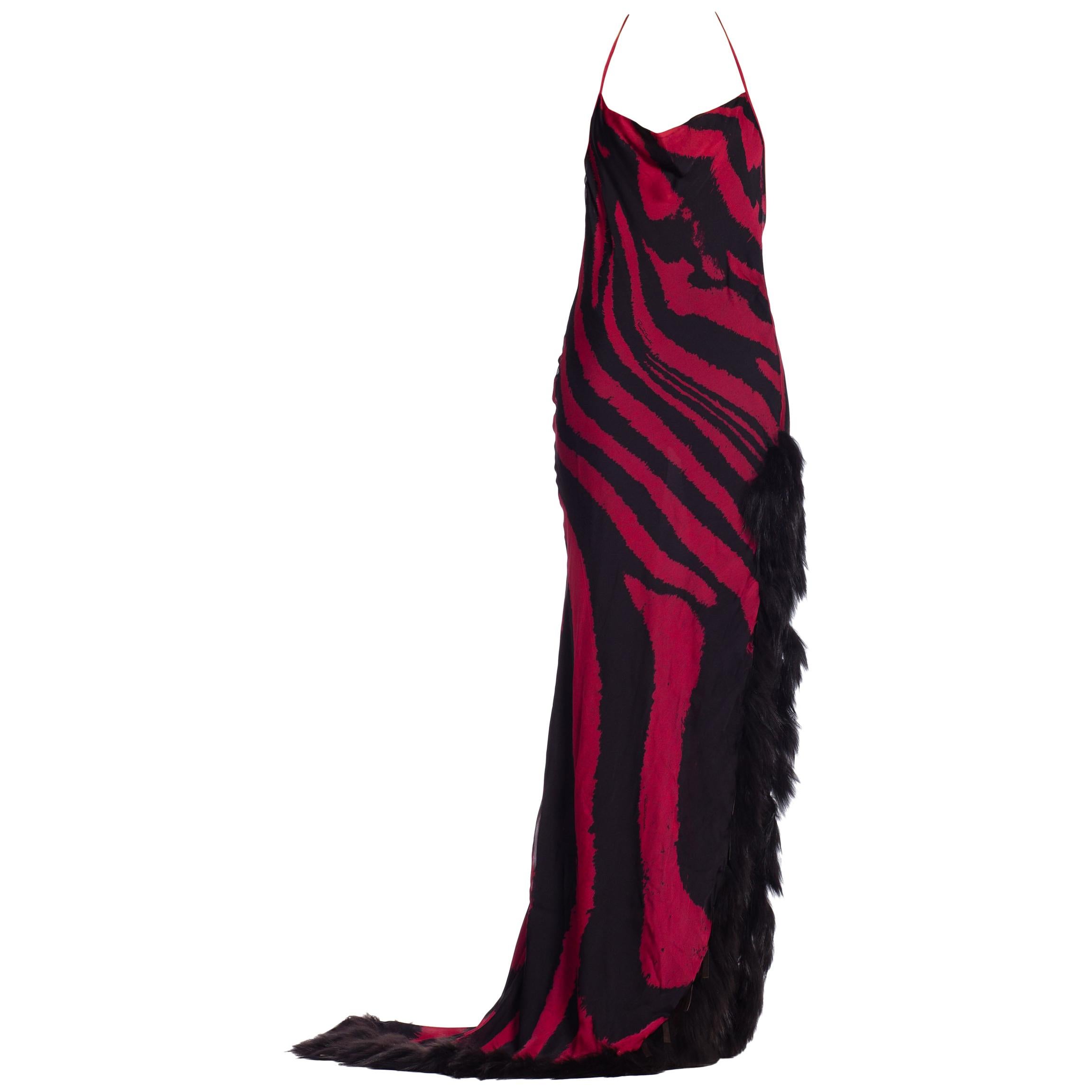 2000s Roberto Cavalli Bias Silk Chiffon Animal Print Slit Gown with Fur NWT