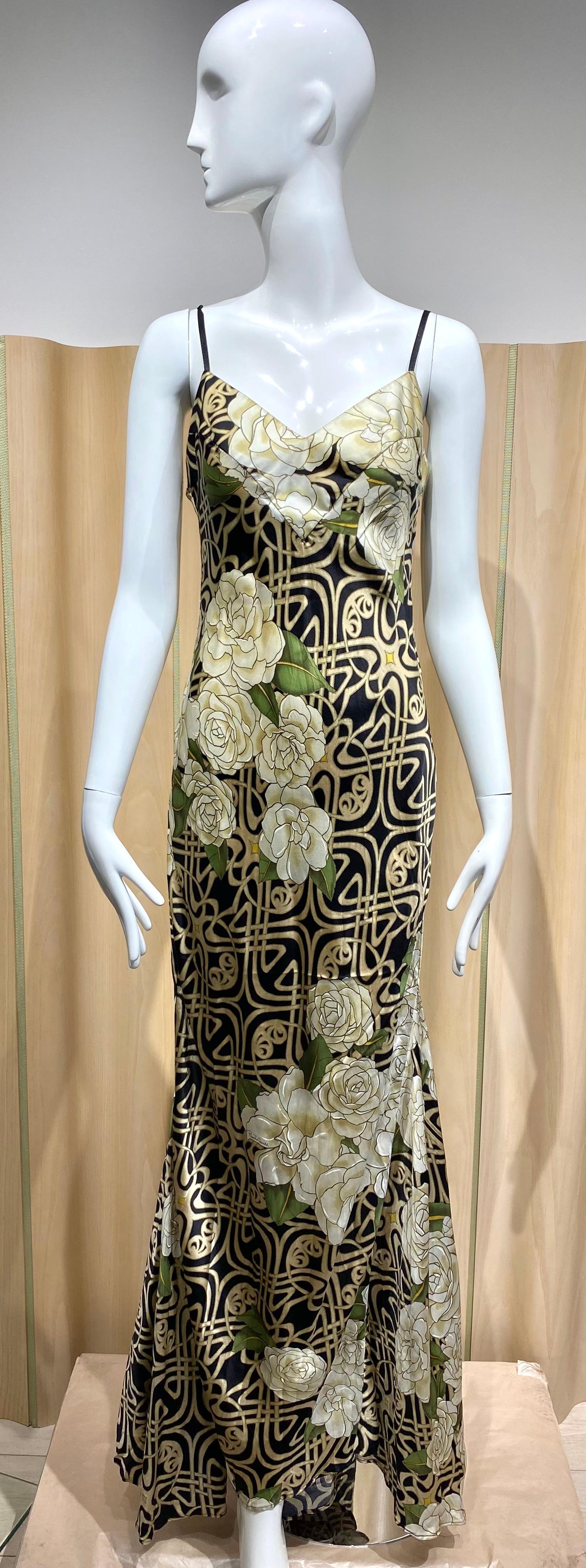 2000s Roberto Cavalli Black and Gold Floral Print Silk Dress 5