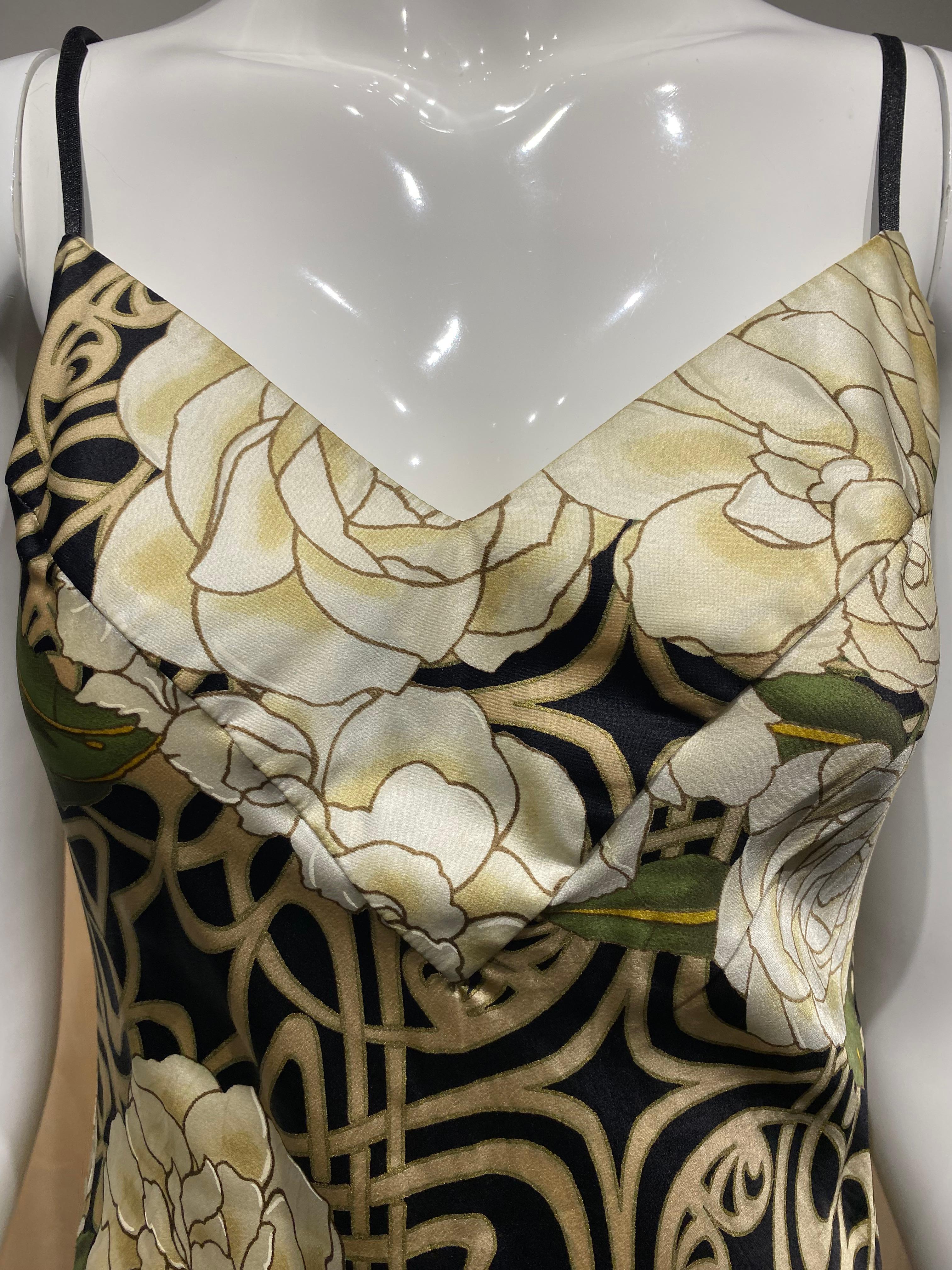 Gray 2000s Roberto Cavalli Black and Gold Floral Print Silk Dress