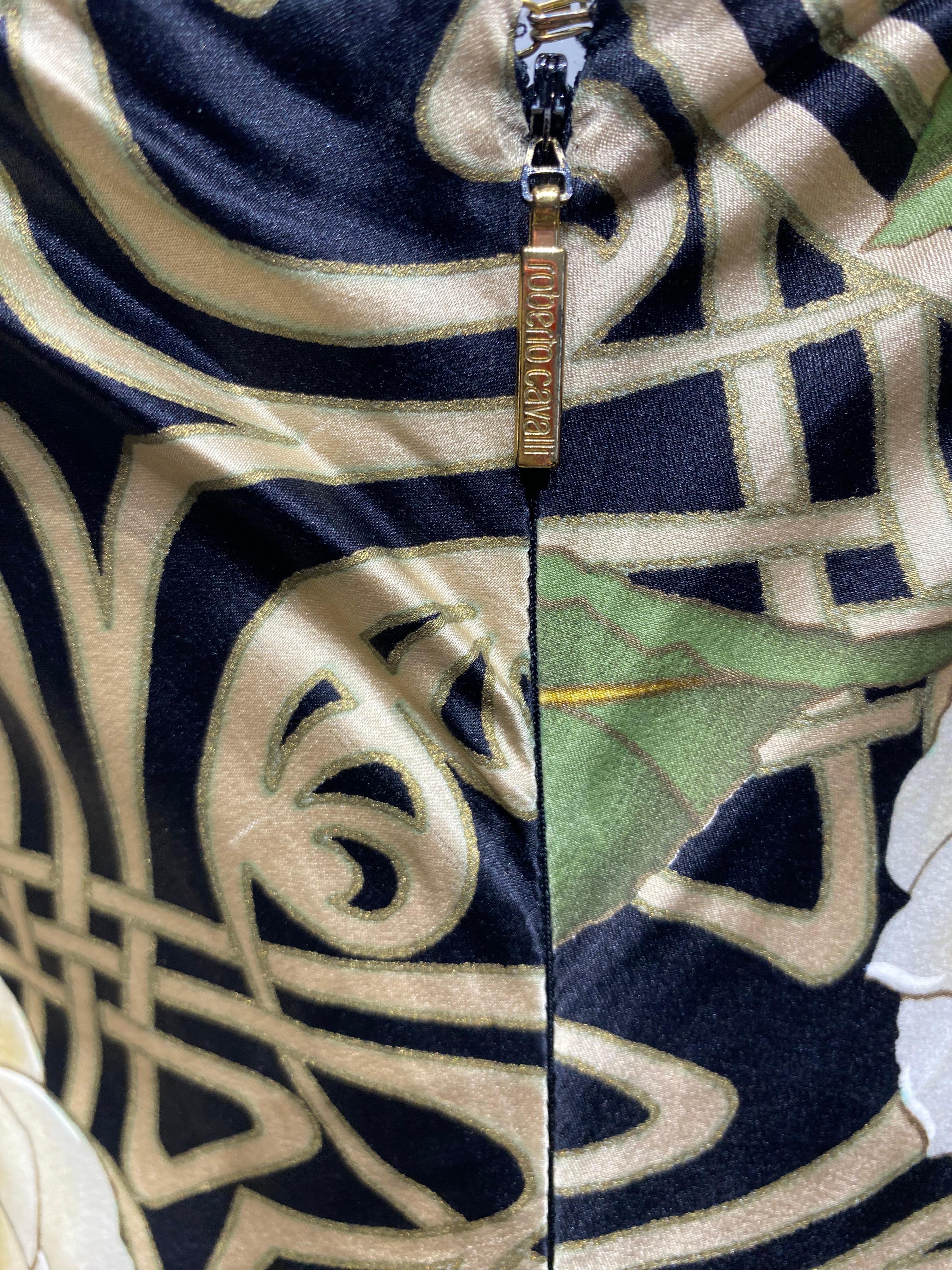 Women's 2000s Roberto Cavalli Black and Gold Floral Print Silk Dress