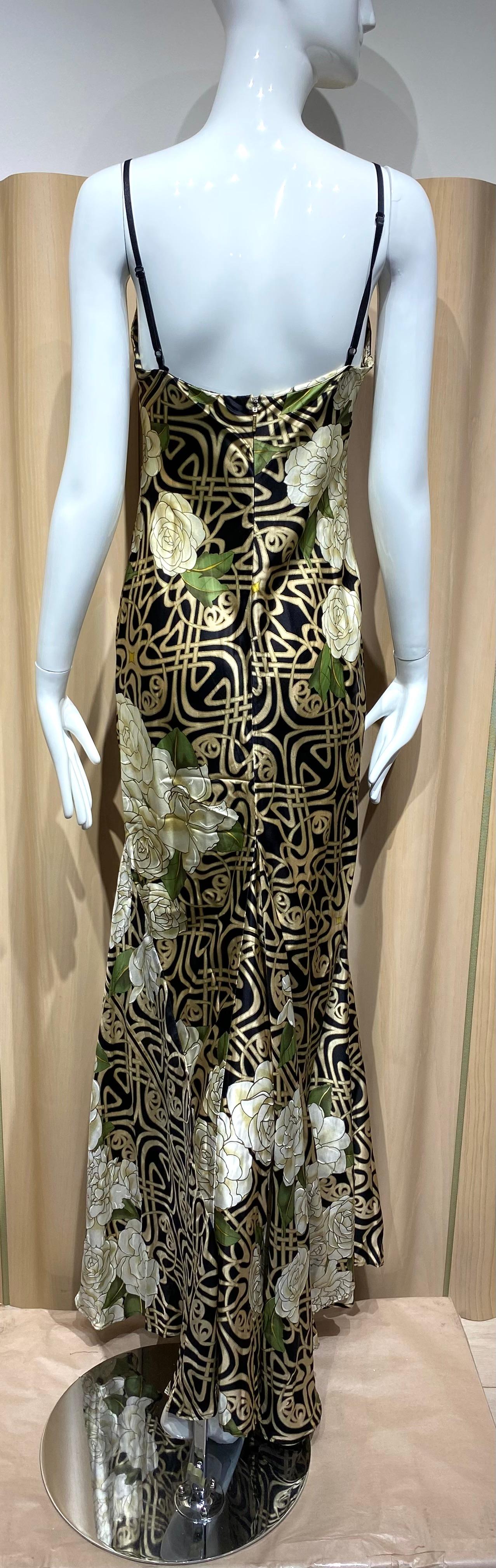 2000s Roberto Cavalli Black and Gold Floral Print Silk Dress 1