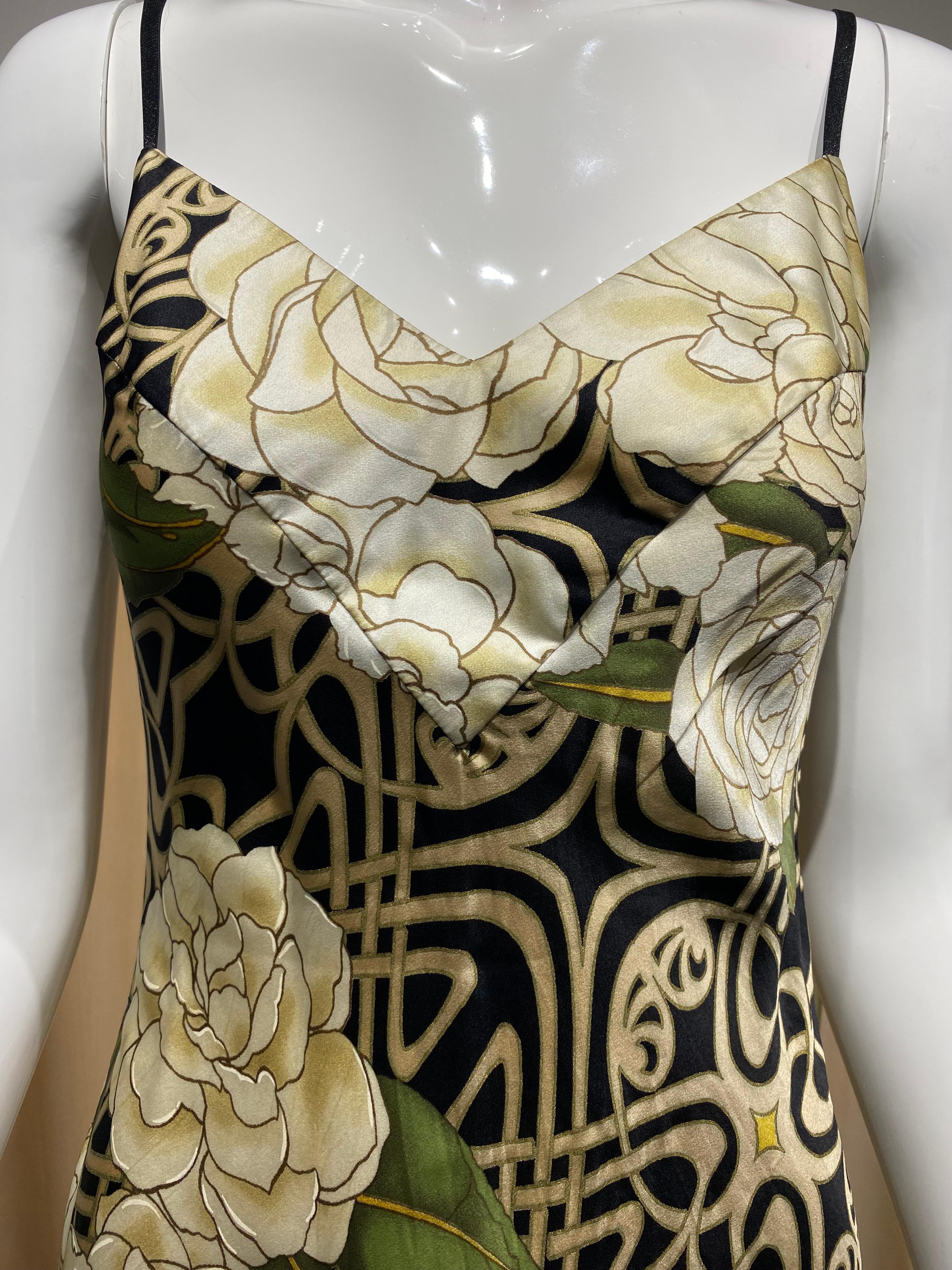2000s Roberto Cavalli Black and Gold Floral Print Silk Dress 2