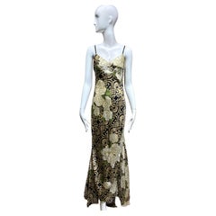 2000s Roberto Cavalli Black and Gold Floral Print Silk Dress