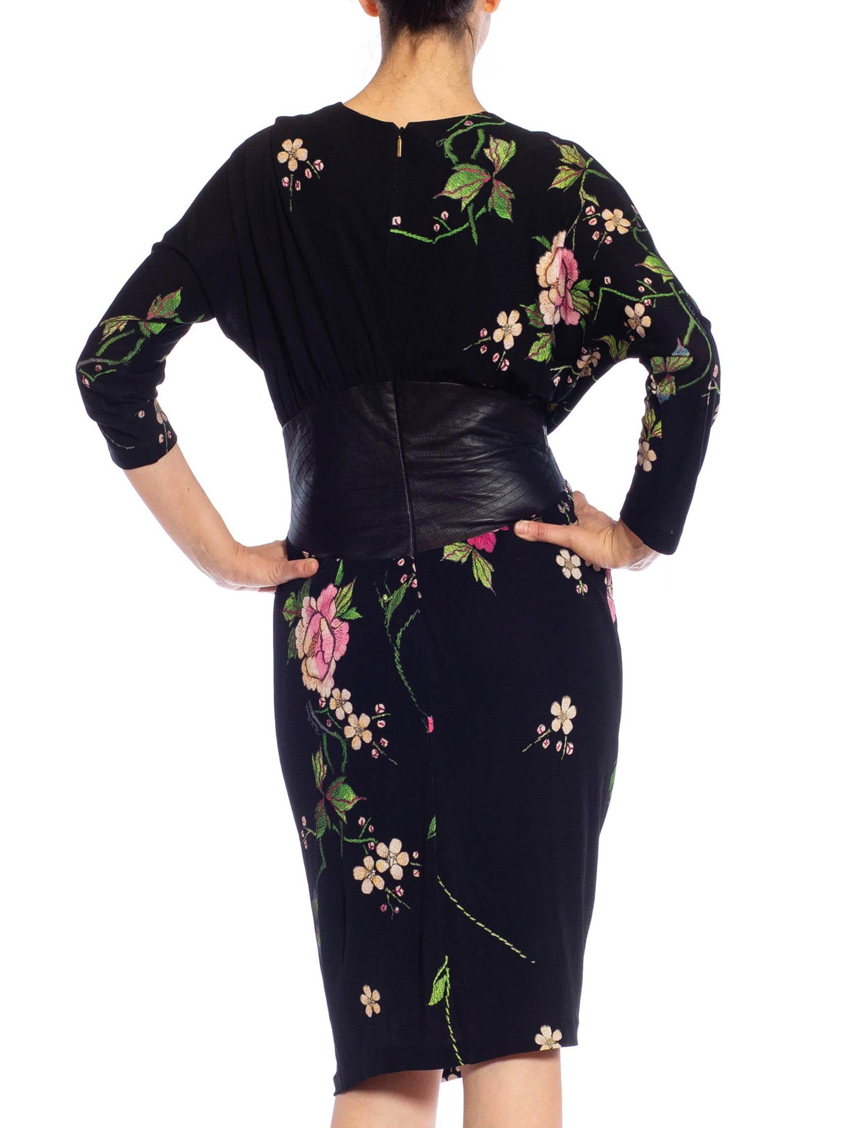 2000S ROBERTO CAVALLI Black Floral Rayon Jersey & Leather Dress For Sale 3