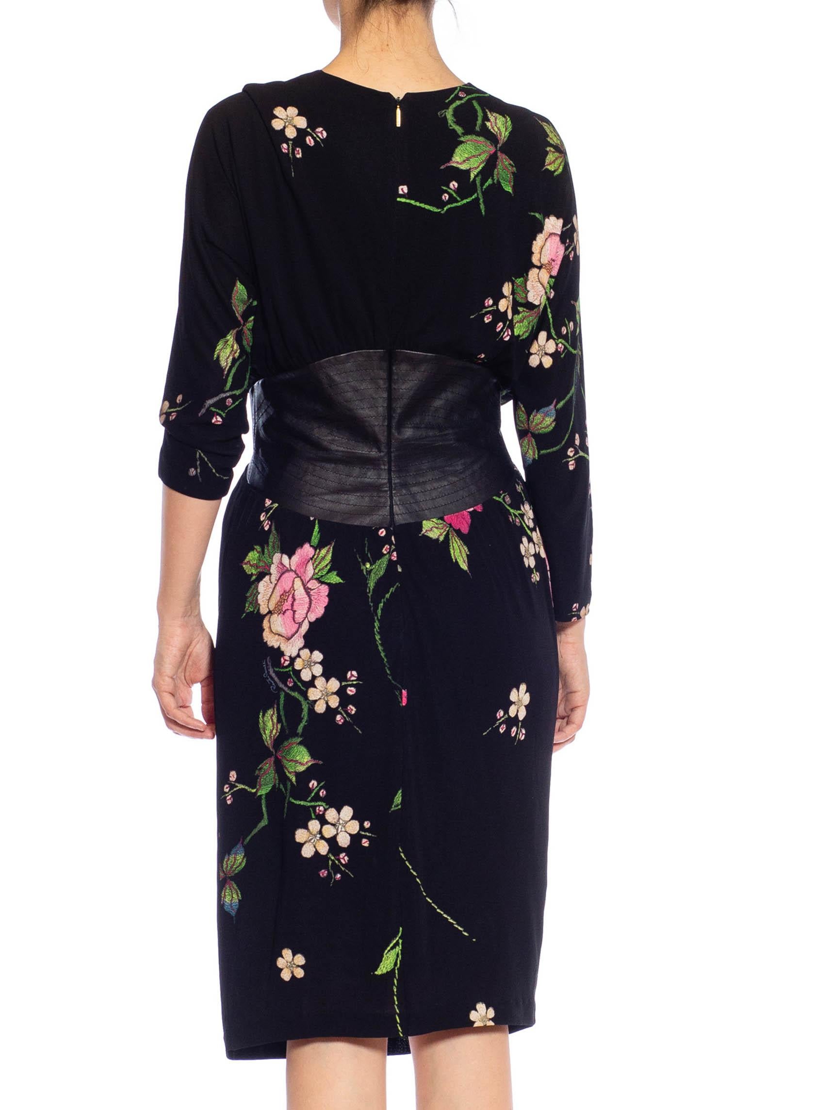 2000S ROBERTO CAVALLI Black Floral Rayon Jersey & Leather Dress For Sale 4