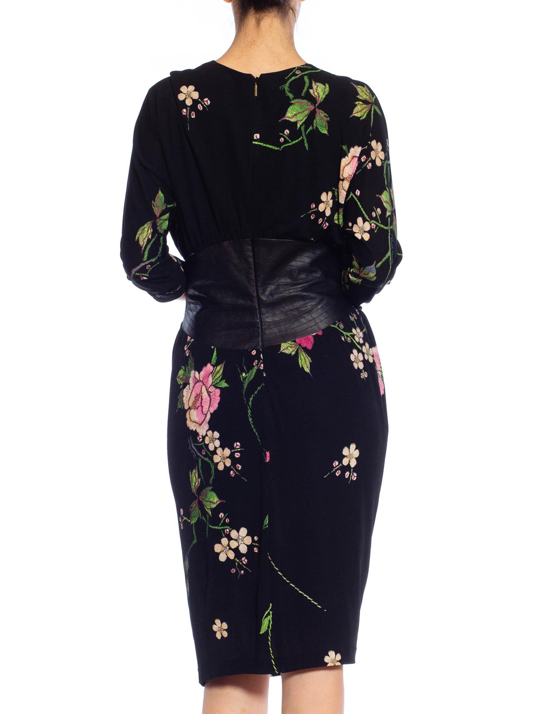2000S ROBERTO CAVALLI Black Floral Rayon Jersey & Leather Dress For Sale 5