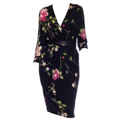 2000S ROBERTO CAVALLI Black Floral Rayon Jersey & Leather Dress