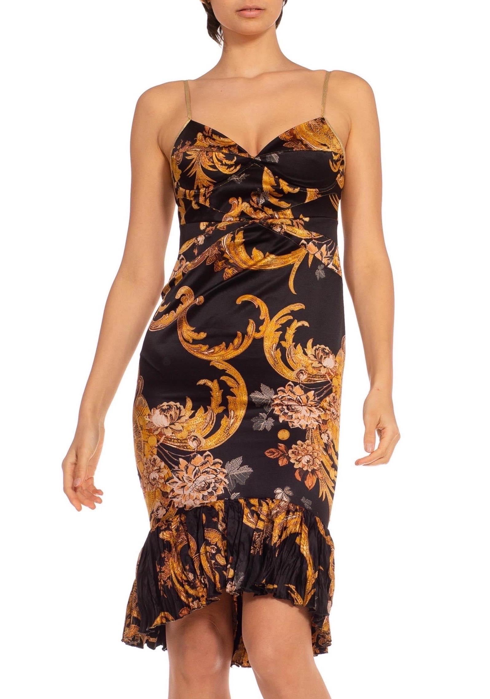 2000S ROBERTO CAVALLI Black & Gold Silk Blend Baroque Printed Cocktail Dress With Jewels
