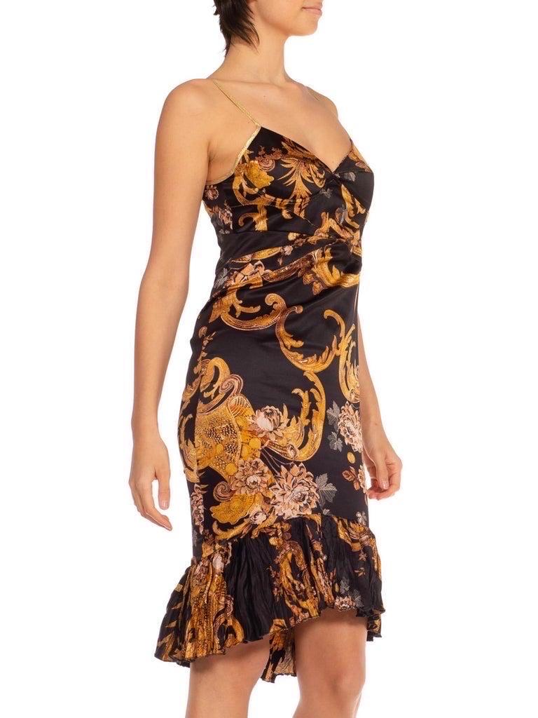 2000S ROBERTO CAVALLI Black & Gold Silk Blend Baroque Printed Cocktail Dress Wi In Excellent Condition For Sale In New York, NY
