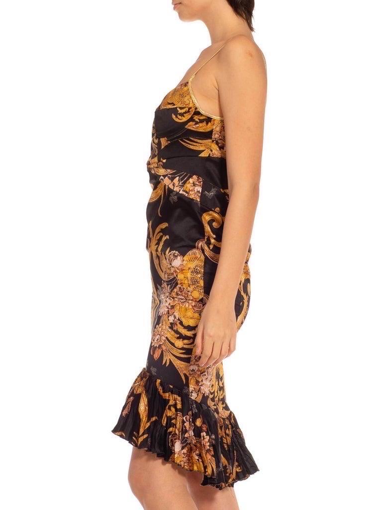 Women's 2000S ROBERTO CAVALLI Black & Gold Silk Blend Baroque Printed Cocktail Dress Wi For Sale