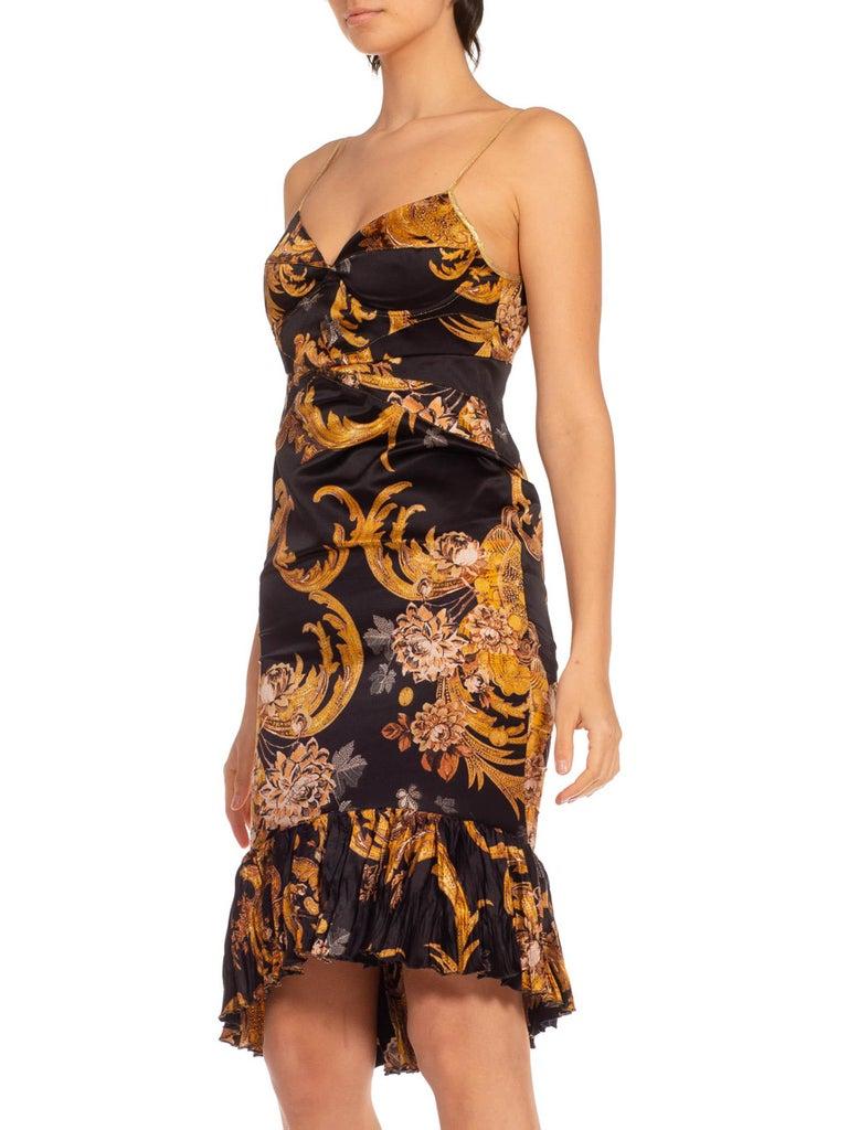 2000S ROBERTO CAVALLI Black & Gold Silk Blend Baroque Printed Cocktail Dress Wi For Sale 3