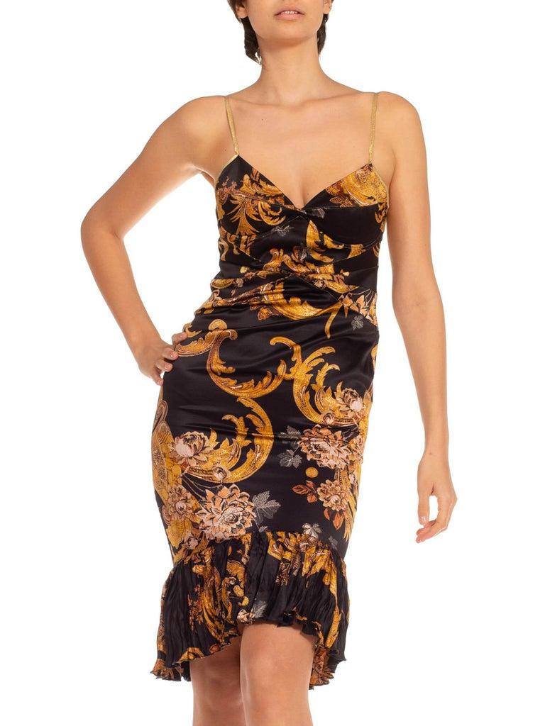 2000S ROBERTO CAVALLI Black & Gold Silk Blend Baroque Printed Cocktail Dress Wi For Sale 4