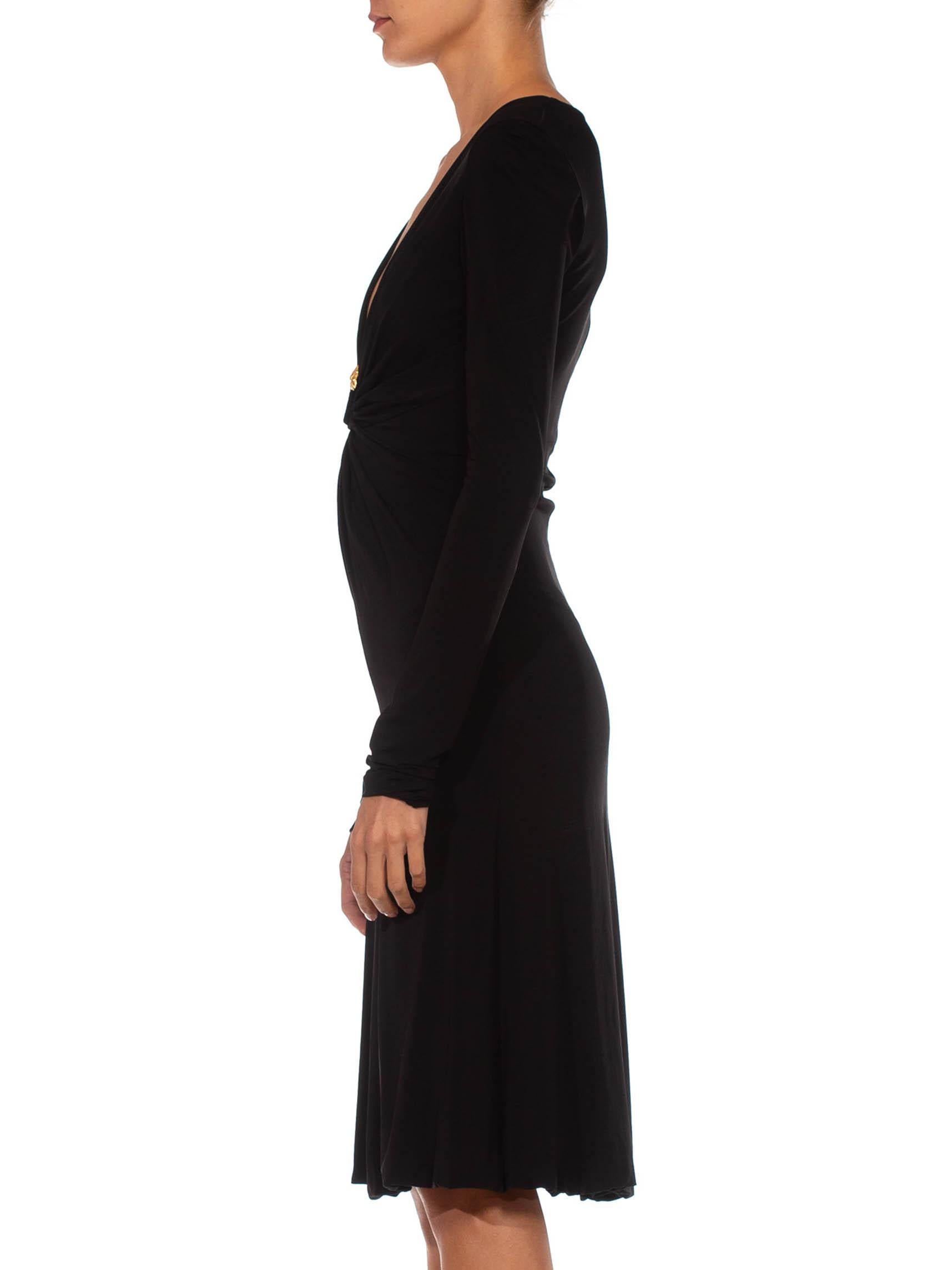 Fully Self Lined Interior 2000S ROBERTO CAVALLI Black Jersey Long Sleeve Slinky Cocktail Dress With Gold Snake Ring