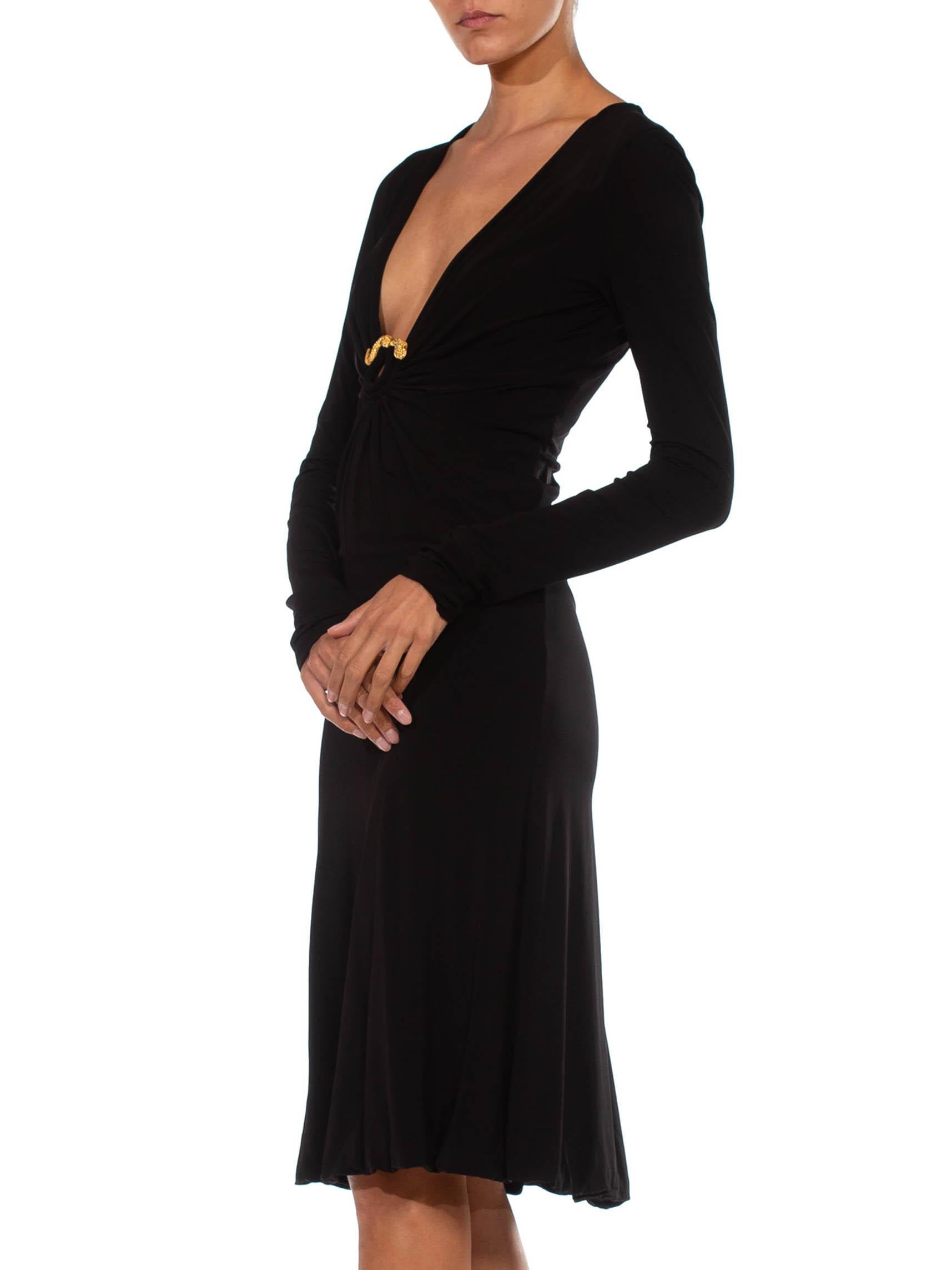2000S ROBERTO CAVALLI Black Jersey Long Sleeve Slinky Cocktail Dress With Gold In Excellent Condition In New York, NY