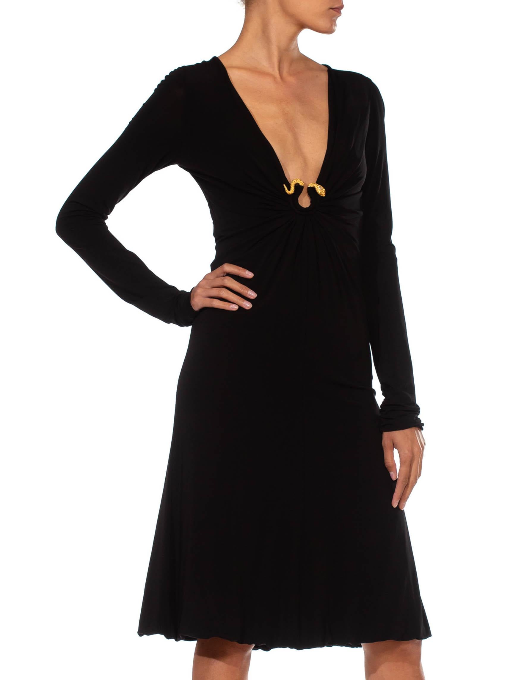 Women's 2000S ROBERTO CAVALLI Black Jersey Long Sleeve Slinky Cocktail Dress With Gold