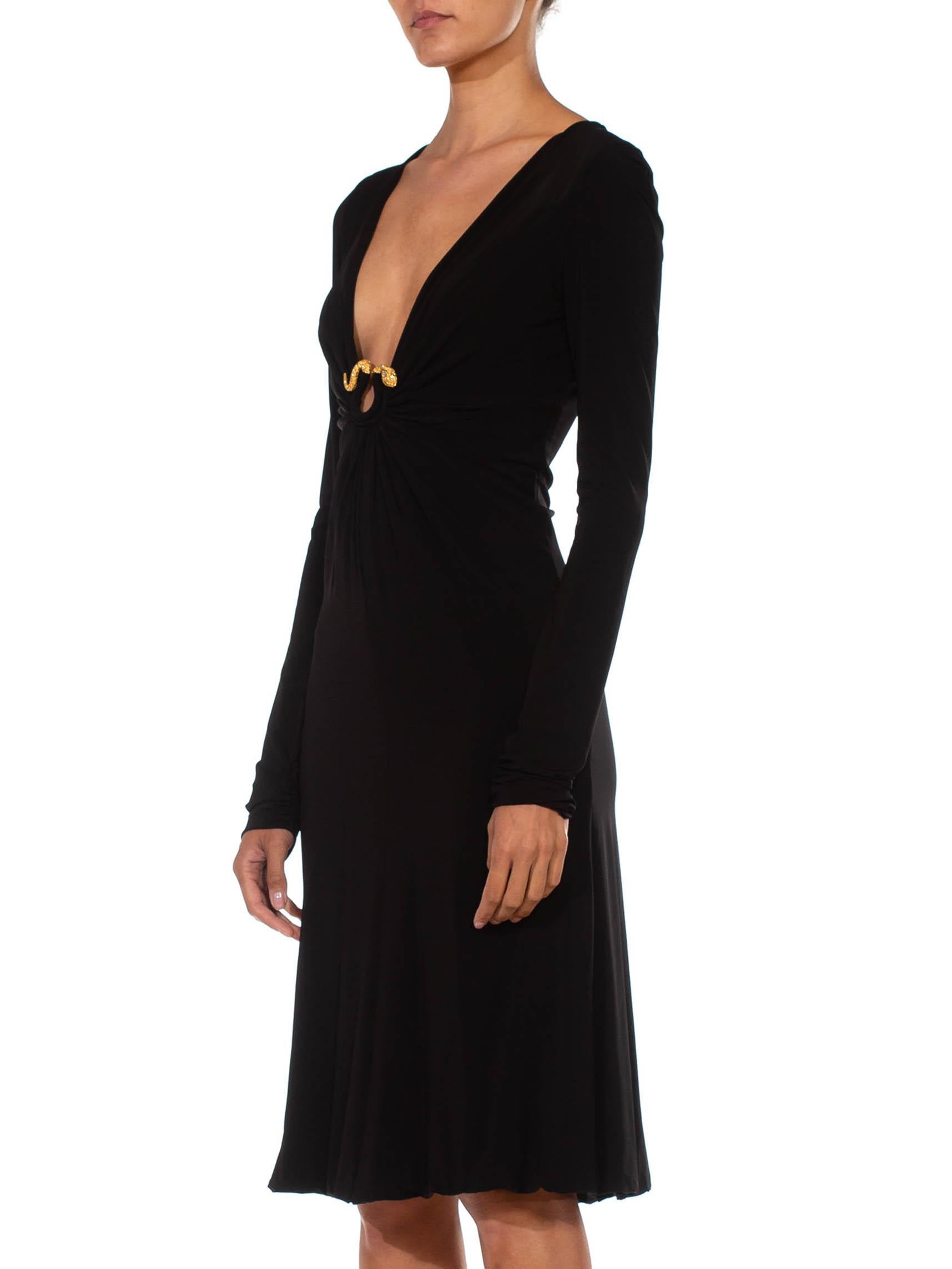2000S ROBERTO CAVALLI Black Jersey Long Sleeve Slinky Cocktail Dress With Gold 2