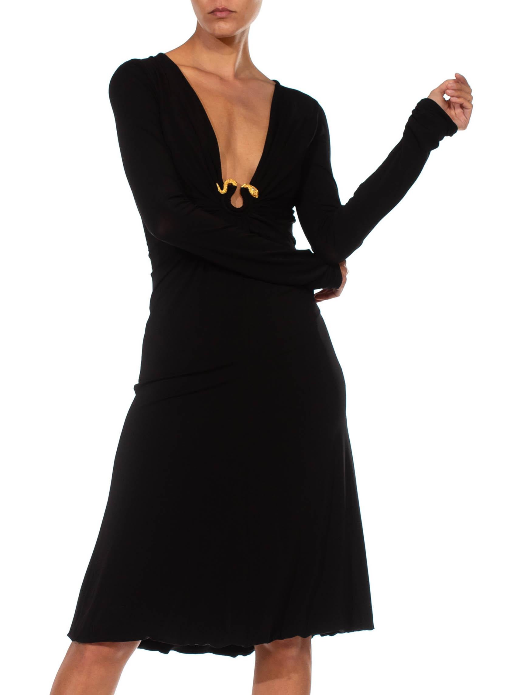 2000S ROBERTO CAVALLI Black Jersey Long Sleeve Slinky Cocktail Dress With Gold 3