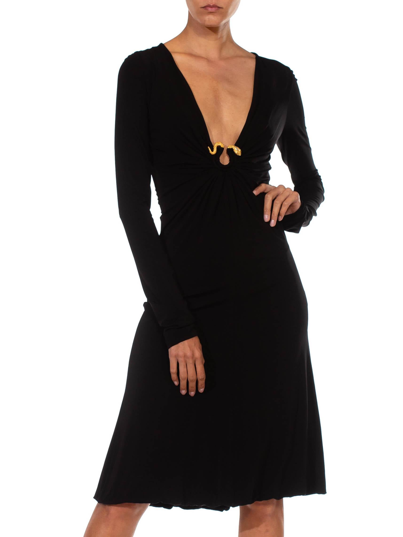 2000S ROBERTO CAVALLI Black Jersey Long Sleeve Slinky Cocktail Dress With Gold 4