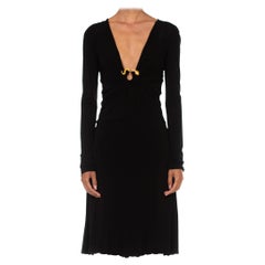 2000S ROBERTO CAVALLI Black Jersey Long Sleeve Slinky Cocktail Dress With Gold 