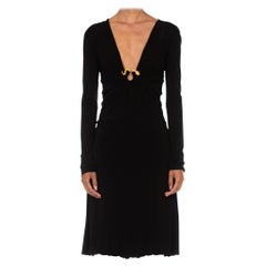 2000S ROBERTO CAVALLI Black Jersey Long Sleeve Slinky Cocktail Dress With Gold