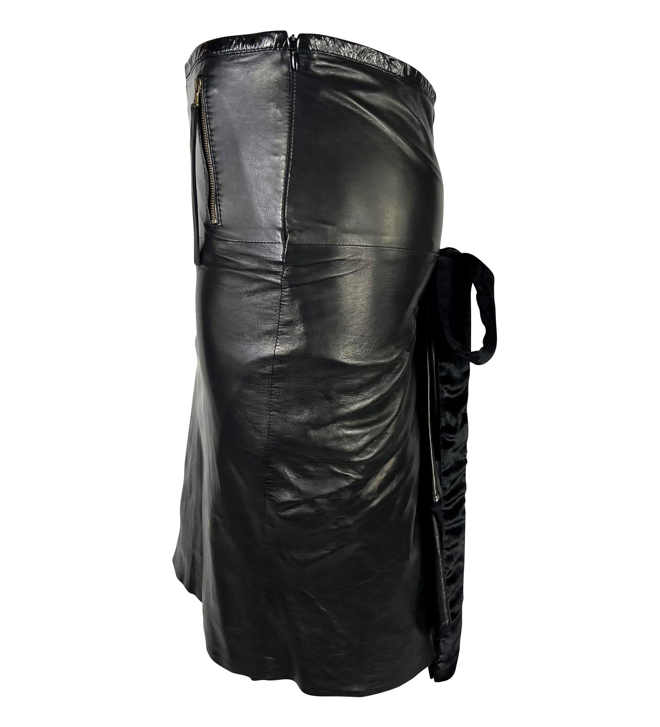 Women's 2000s Roberto Cavalli Black Leather Distressed Pleated Velvet Bodycon Skirt Y2K For Sale