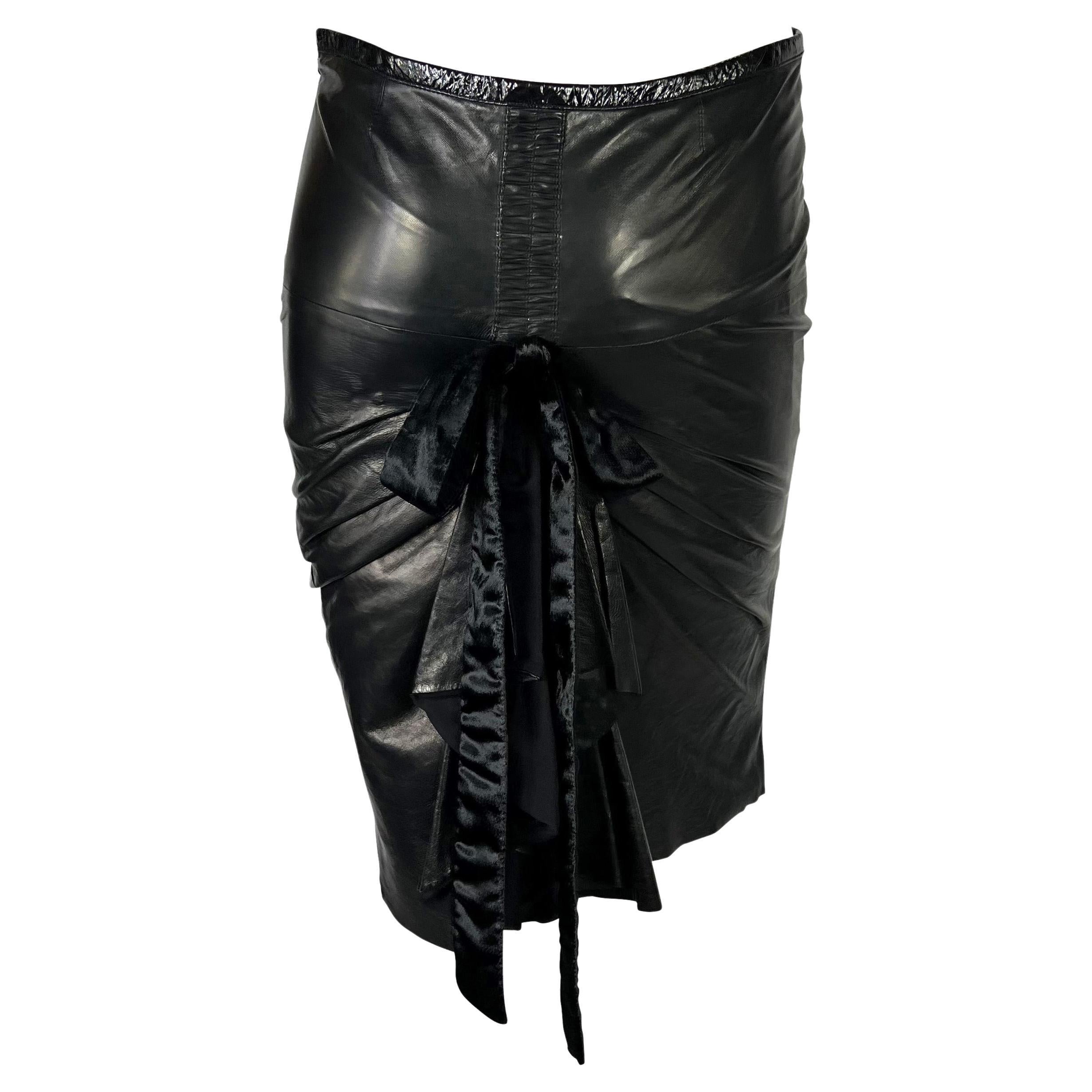 2000s Roberto Cavalli Black Leather Distressed Pleated Velvet Bodycon Skirt Y2K For Sale