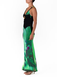 2000S ROBERTO CAVALLI Black Poly Blend Jersey Gown With Large Green Tropical Fl