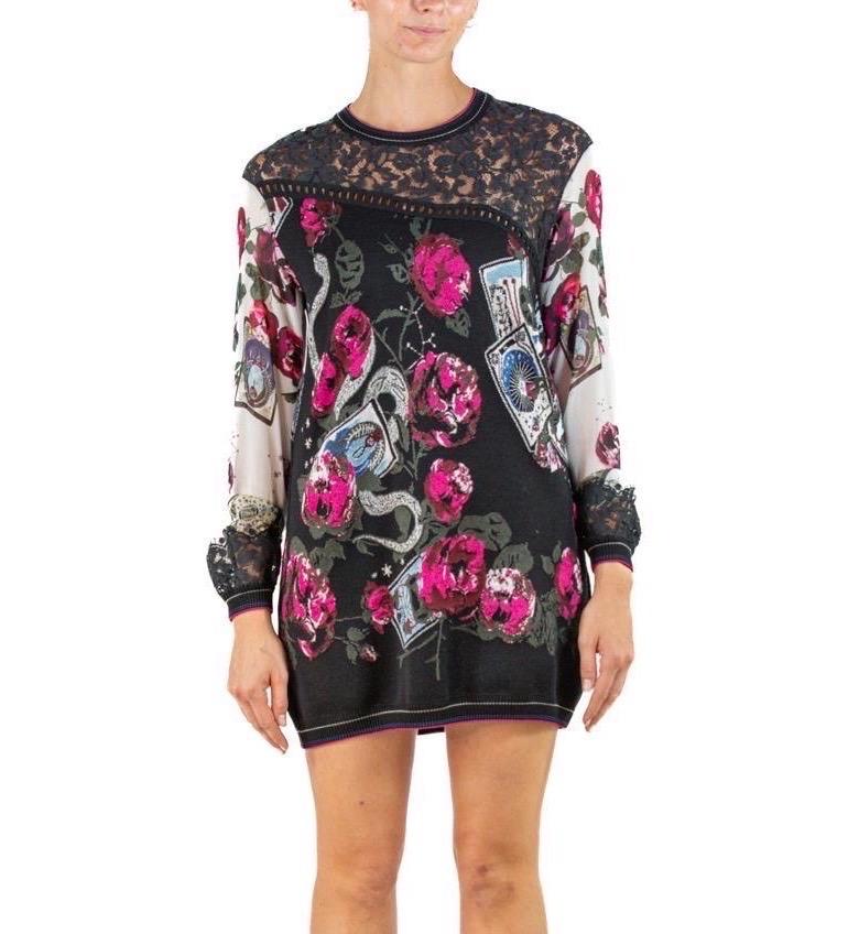 Brown 2000S Roberto Cavalli Black Rayon Blend Knit Dress With Snakes & Playing Cards For Sale