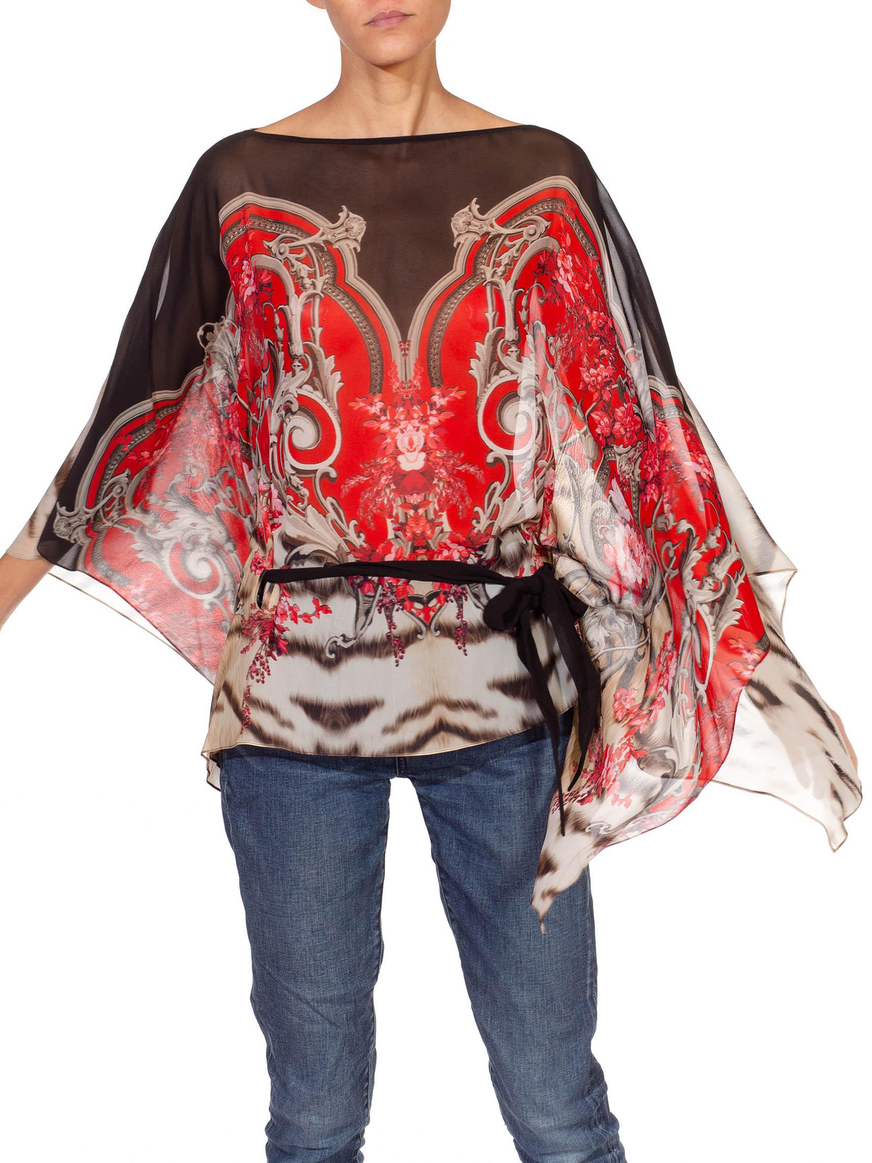 2000S Roberto Cavalli Black & Red Silk Chiffon Baroque Printed Poncho In Excellent Condition For Sale In New York, NY