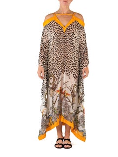 2000S ROBERTO CAVALLI Black & White Animal Print Silk Chiffon Kaftan With Golde