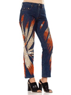 2000S ROBERTO CAVALLI Blue Cotton Denim Jeans With Orange And Gold Beaded Firew
