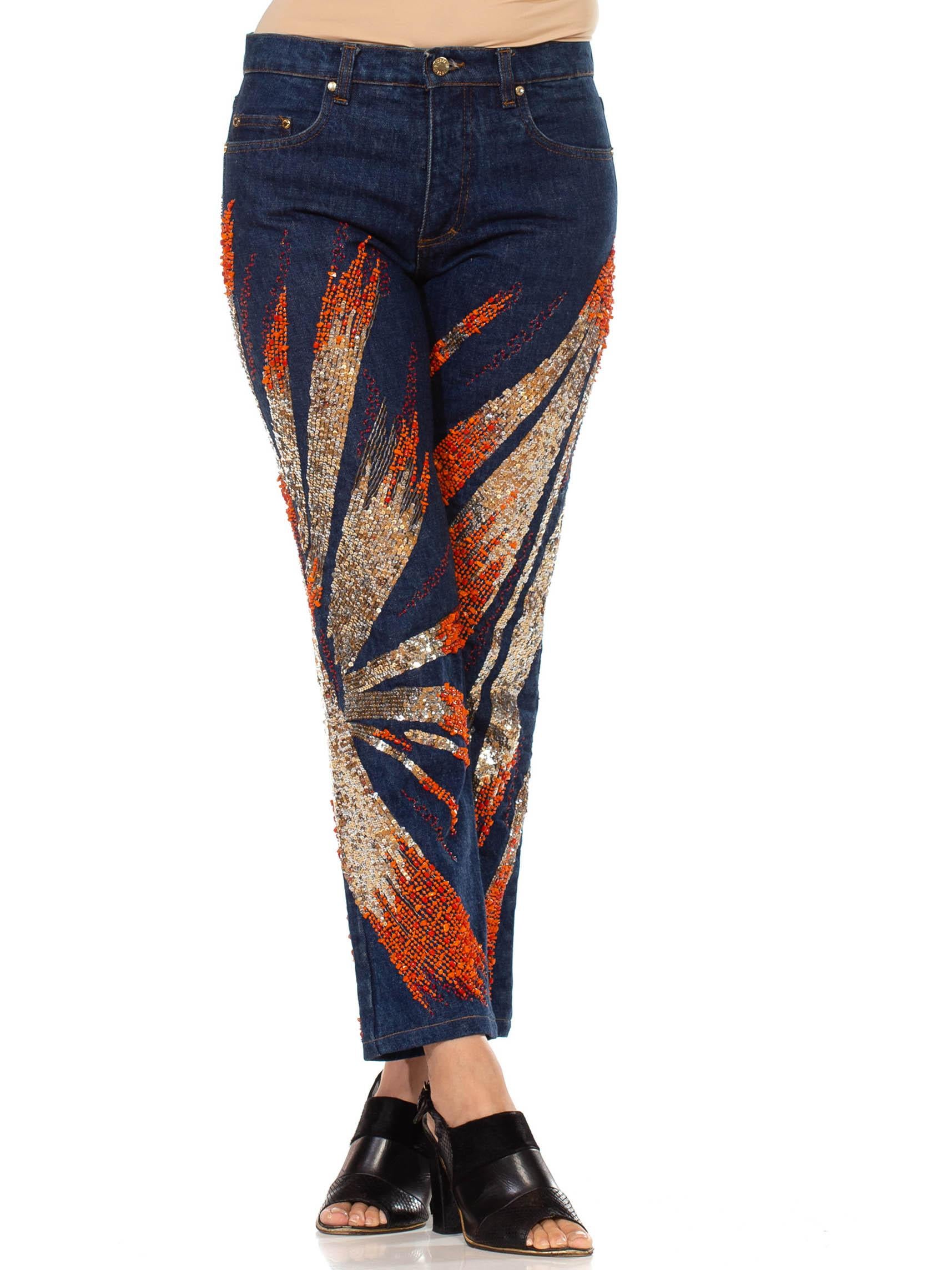 Black 2000S ROBERTO CAVALLI Blue Cotton Denim Jeans With Orange And Gold Beaded Firew For Sale