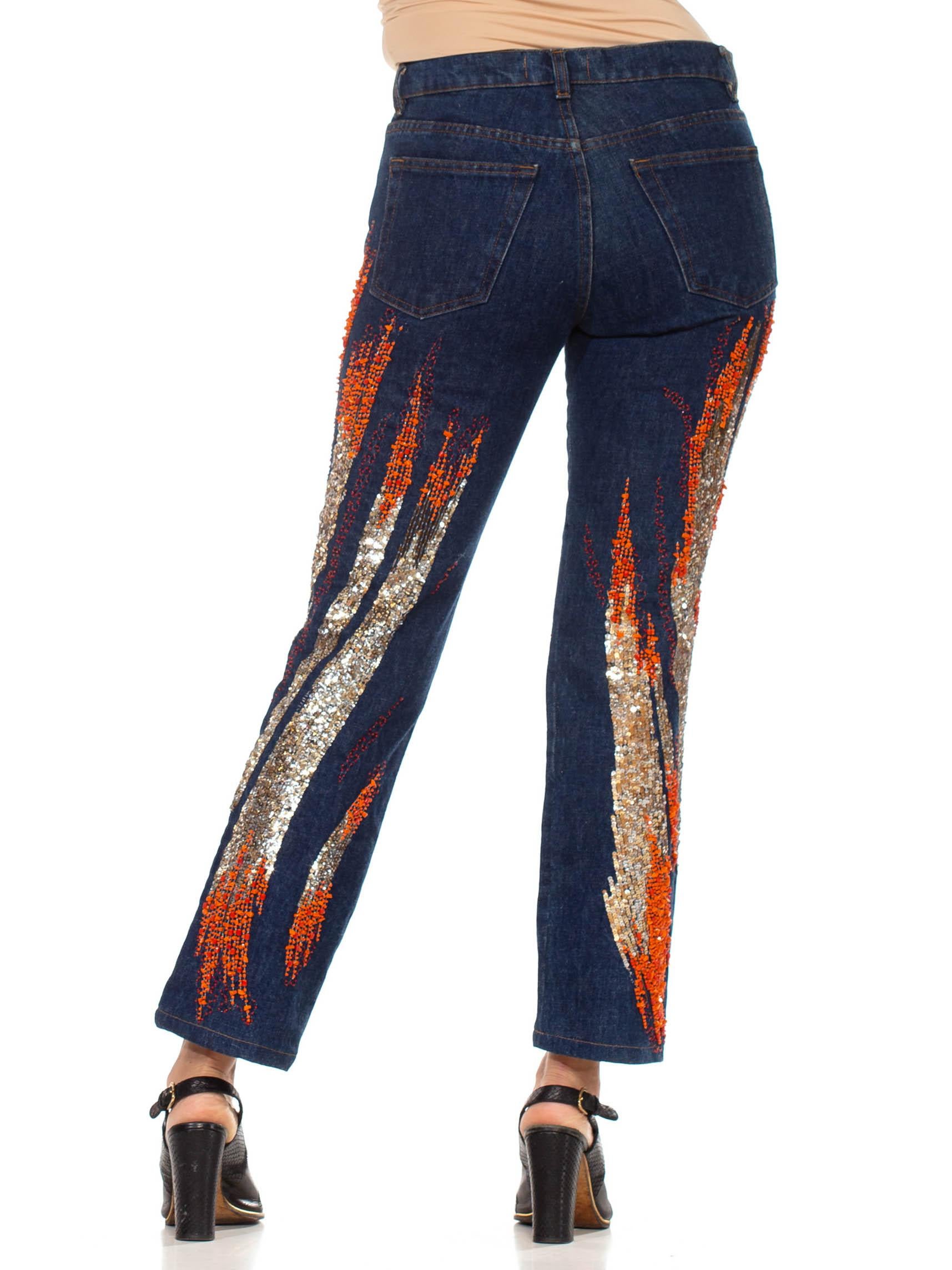 2000S ROBERTO CAVALLI Blue Cotton Denim Jeans With Orange And Gold Beaded Firew In Excellent Condition For Sale In New York, NY