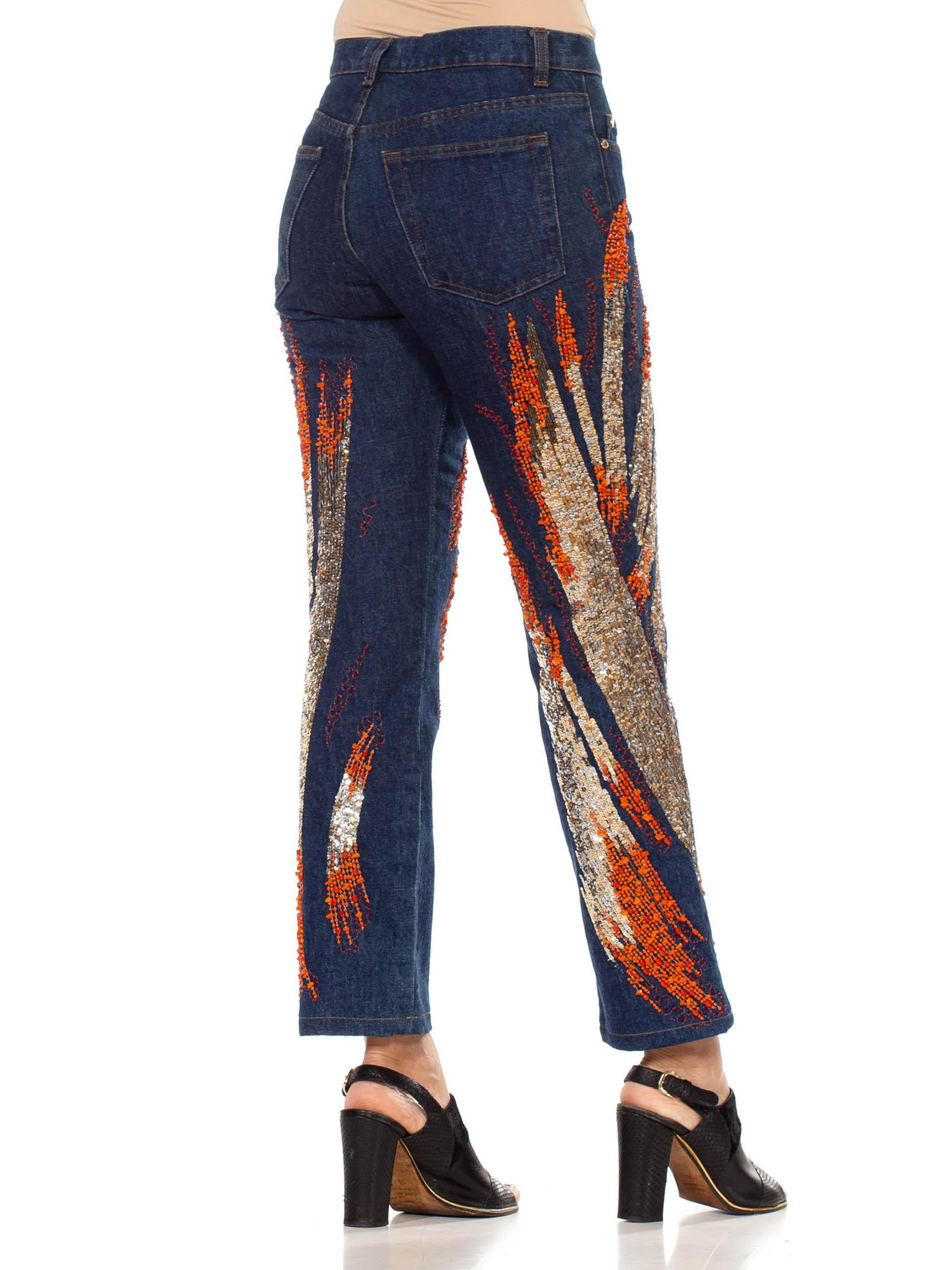 Women's 2000S ROBERTO CAVALLI Blue Cotton Denim Jeans With Orange And Gold Beaded Firew For Sale