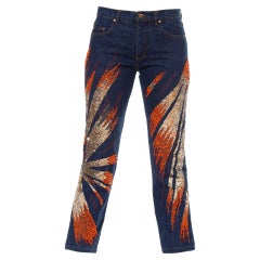 2000er ROBERTO CAVALLI Blaue Baumwoll-Denim-Jeans mit orangefarbenem und goldenem Perlen-Kaminsims