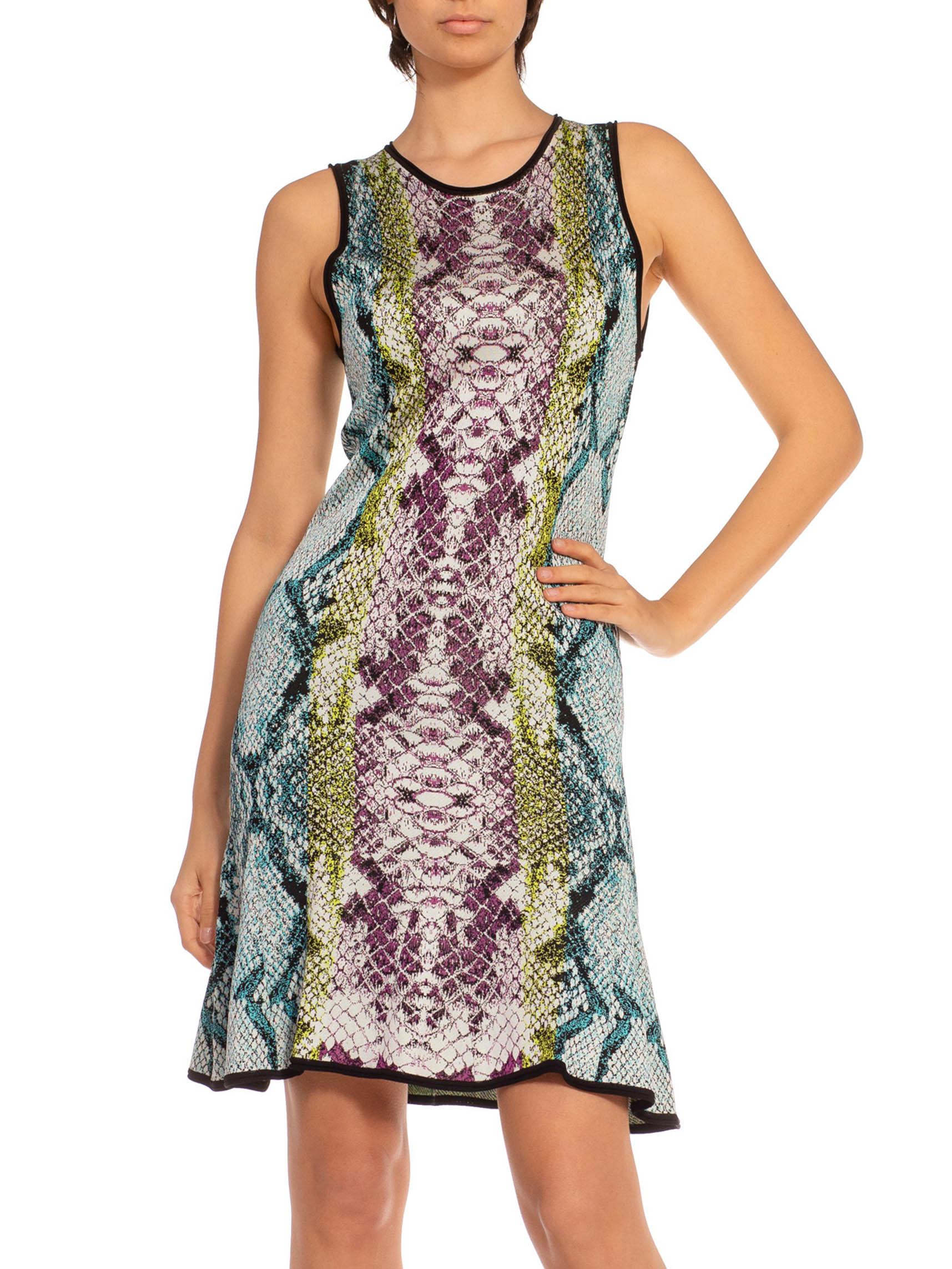 2000S ROBERTO CAVALLI Blue & Purple Viscose Knit Snake Skin Dress In Excellent Condition In New York, NY