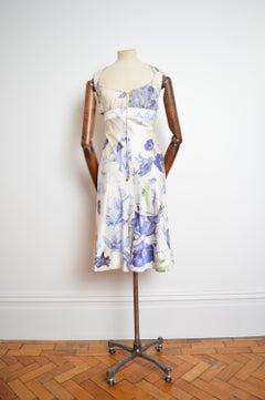 2000's Roberto Cavalli Blue White Floral Porcelain Silk backless Cocktail dress