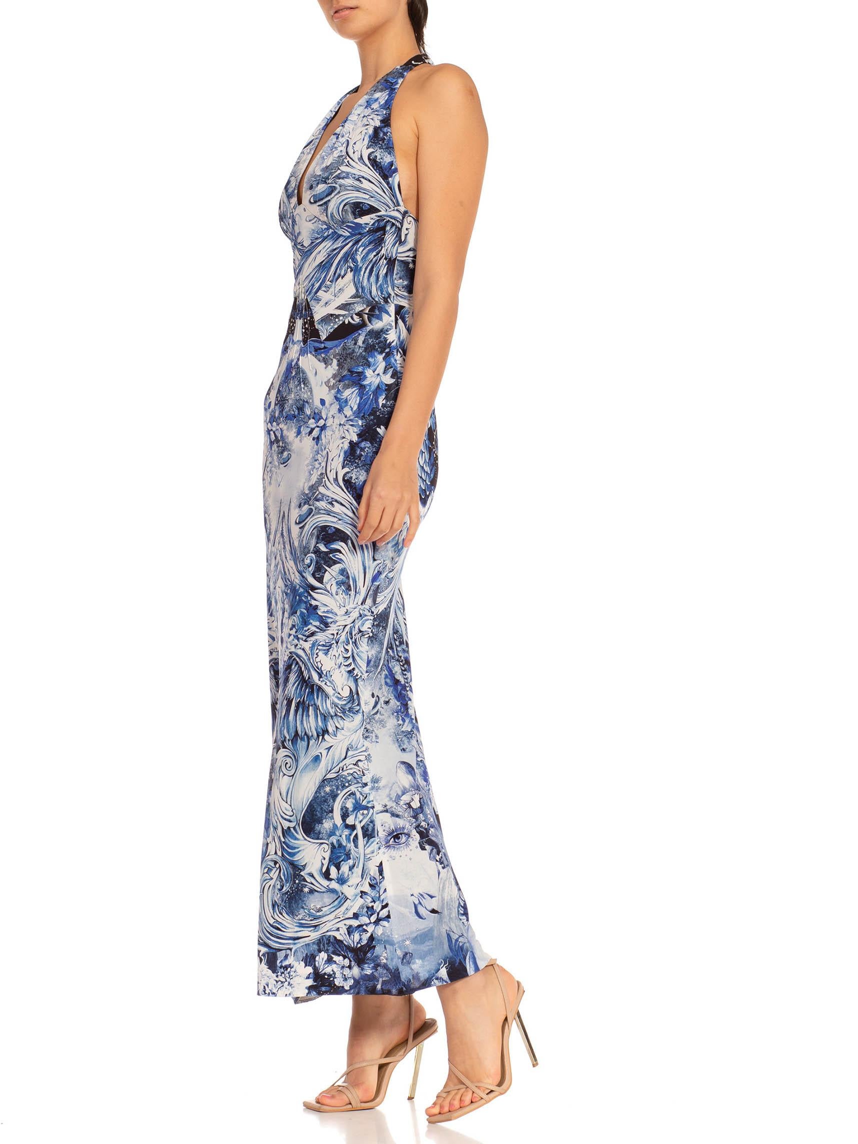 2000S Roberto Cavalli Blue & White Jersey Tropical Space Printed Halter Dress In Excellent Condition In New York, NY