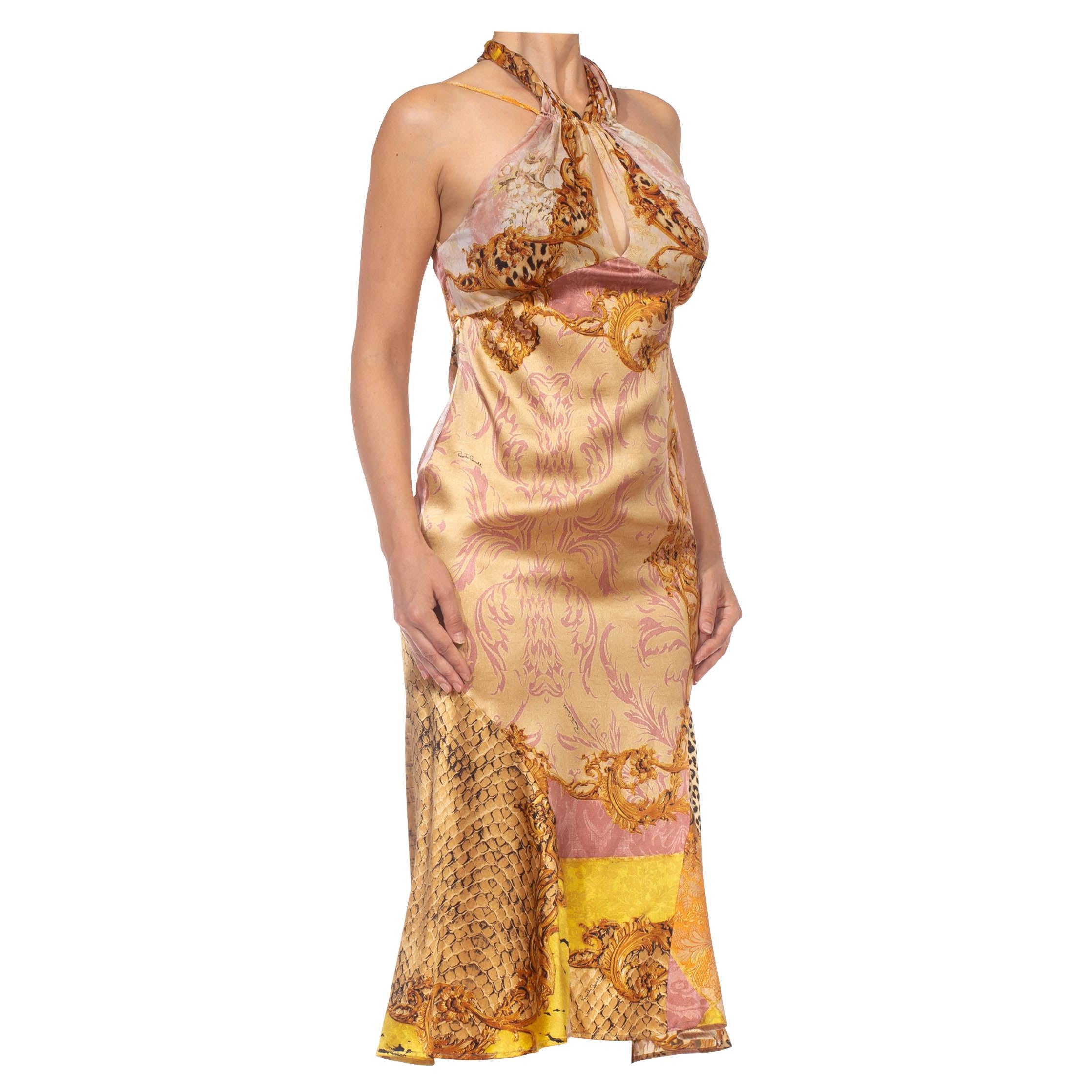 2000S ROBERTO CAVALLI Brown & Gold Animal Print Silk Dress For Sale