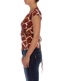 2000S ROBERTO CAVALLI Brown & White Giraffe Print Jersey Deep V Neck Top