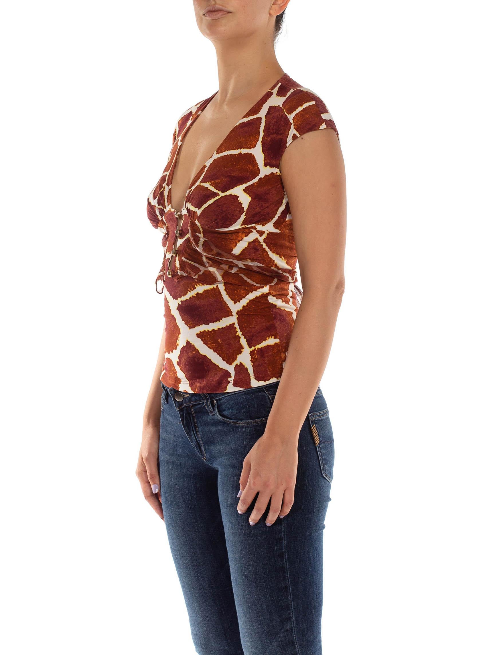 Women's 2000S ROBERTO CAVALLI Brown & White Giraffe Print Jersey Deep V Neck Top