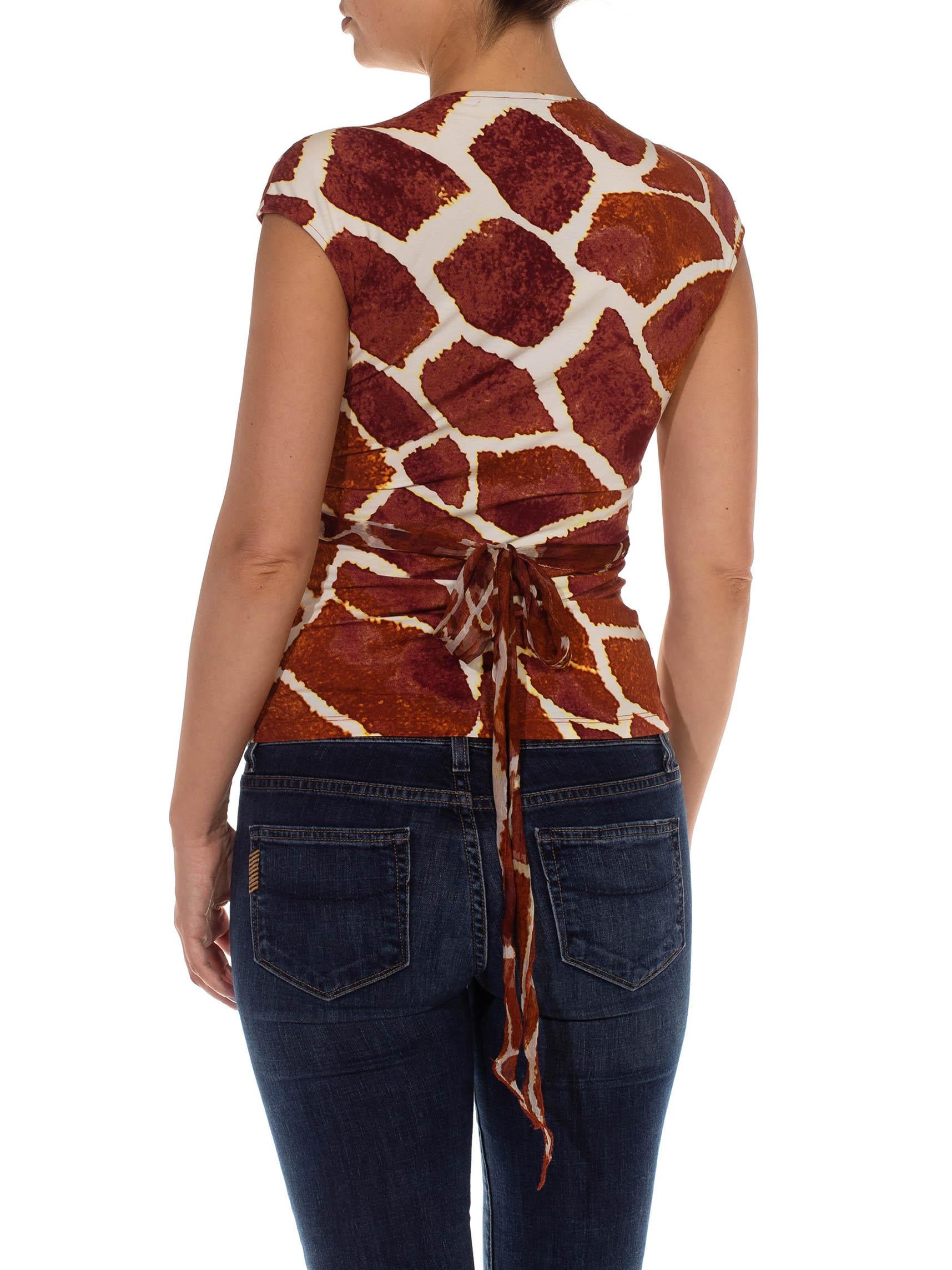 2000S ROBERTO CAVALLI Brown & White Giraffe Print Jersey Deep V Neck Top 1