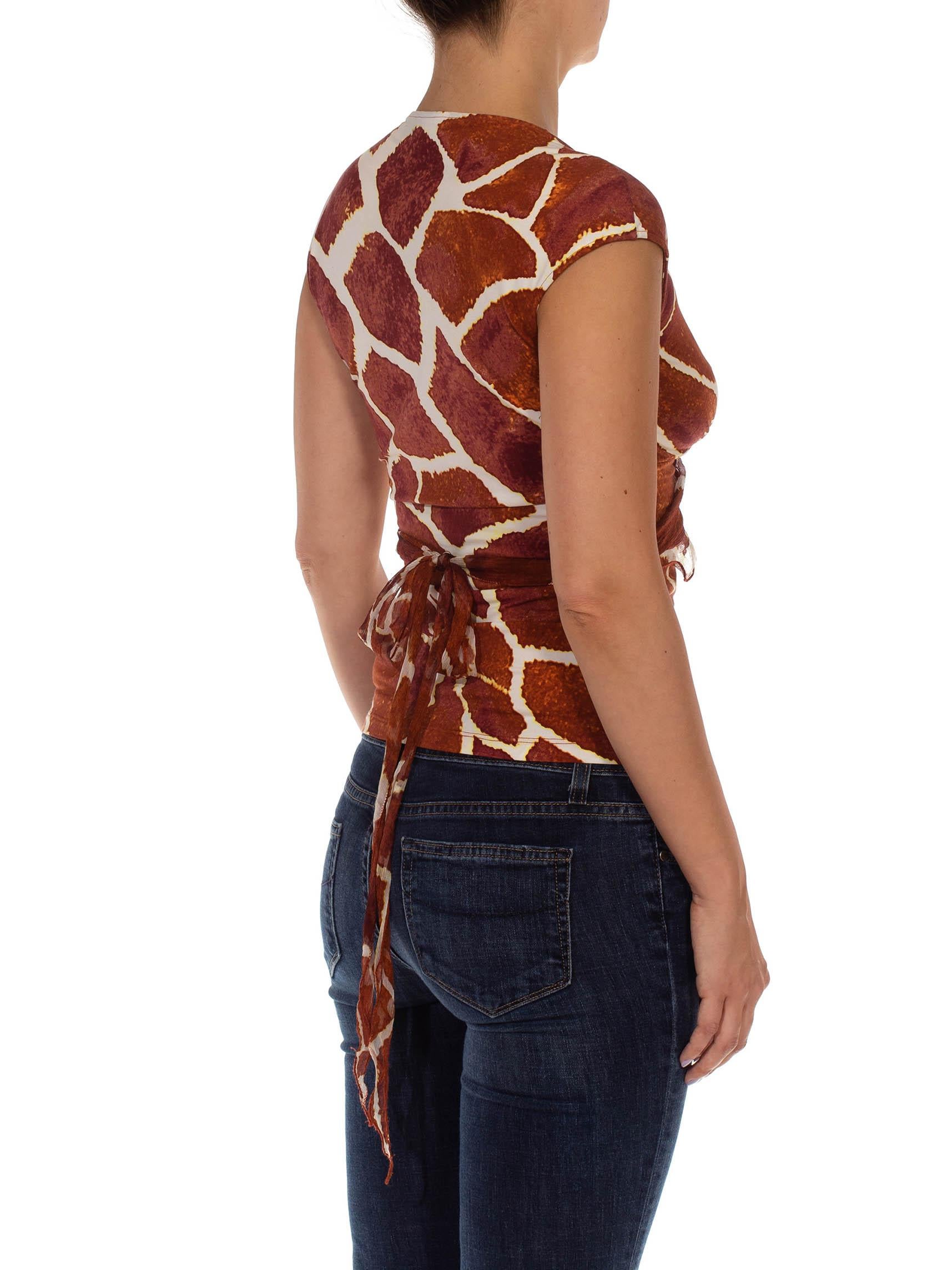 2000S ROBERTO CAVALLI Brown & White Giraffe Print Jersey Deep V Neck Top 2