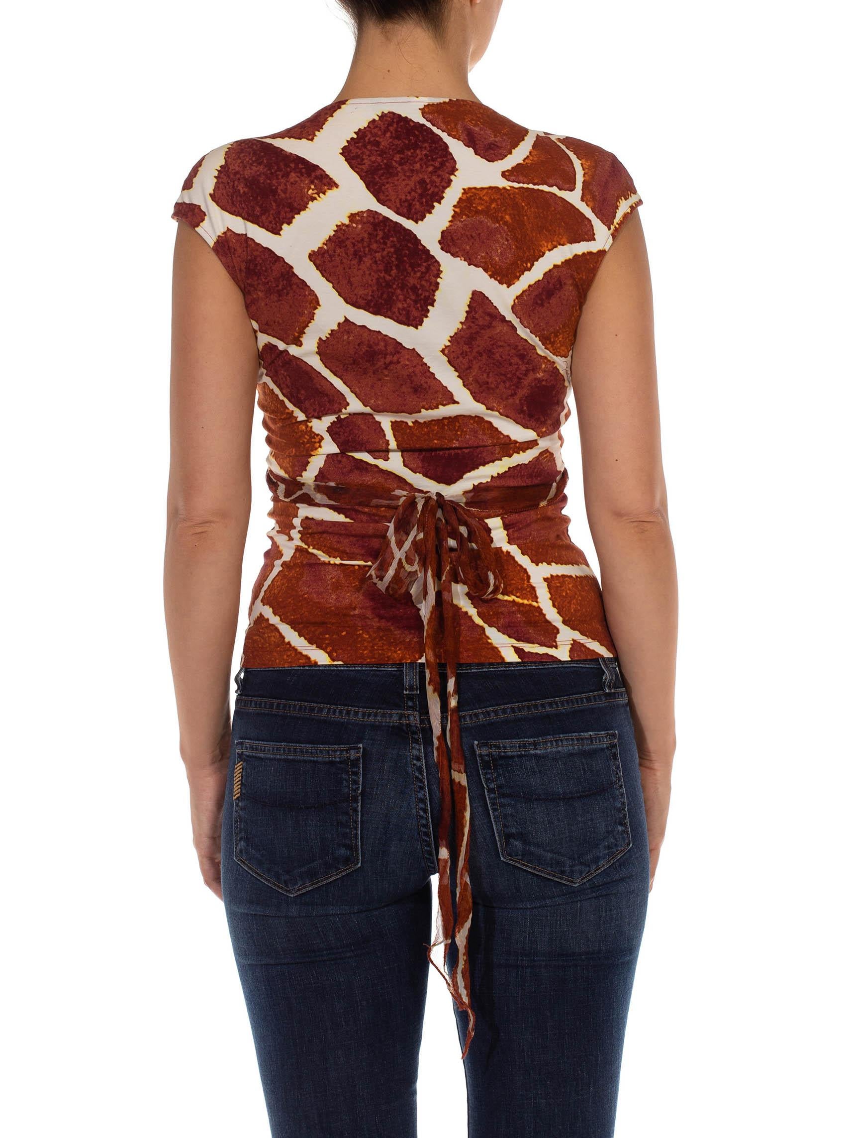 2000S ROBERTO CAVALLI Brown & White Giraffe Print Jersey Deep V Neck Top 3