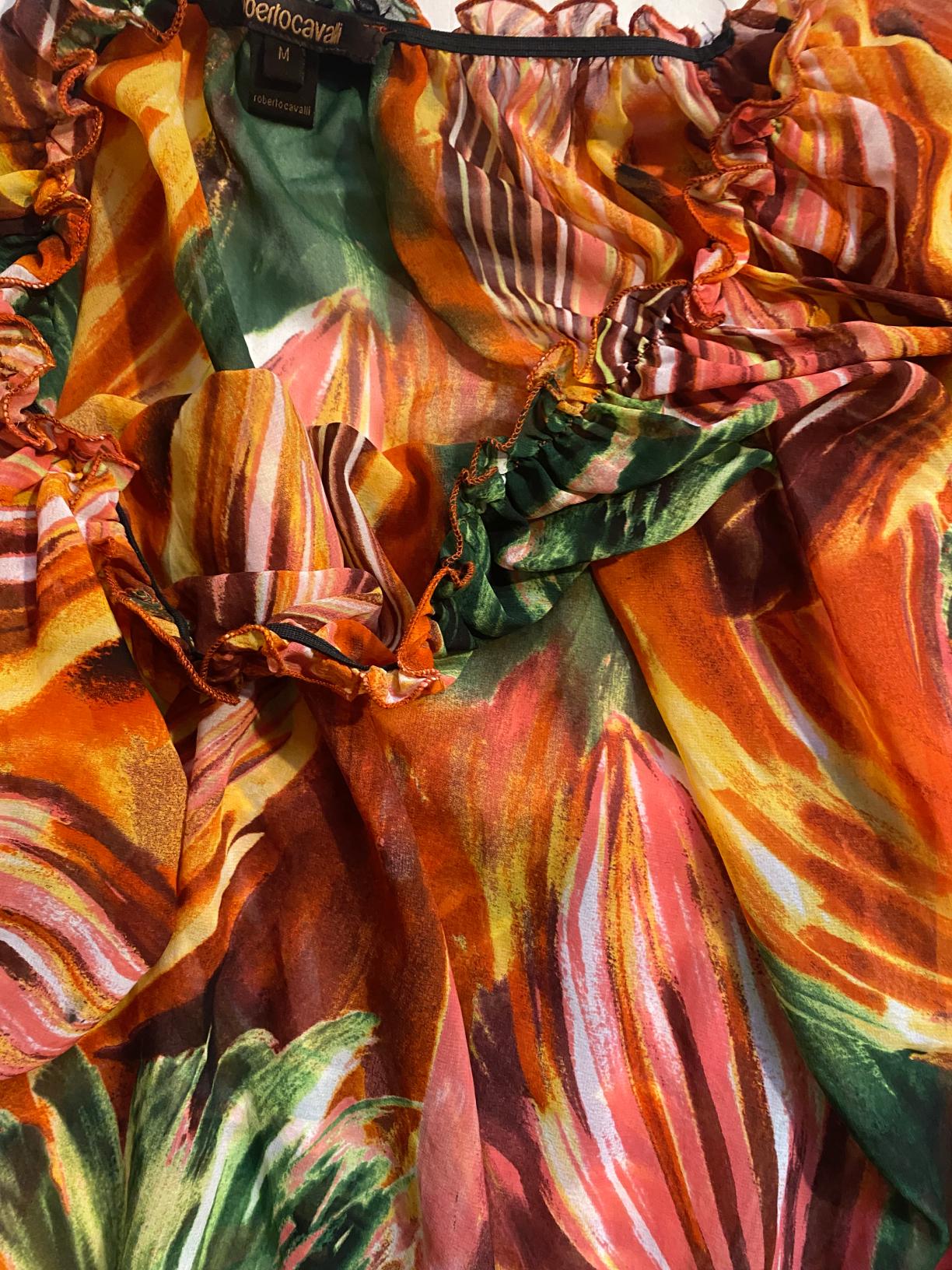 Orange 2000s Roberto Cavalli Chiffon Puffy Sleeve Top Size 42 For Sale