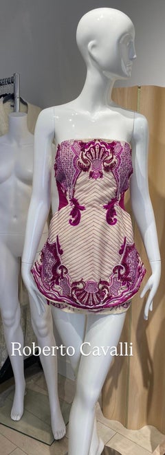 2000s Roberto Cavalli Cream and Purple Beaded Strapless Mini Cocktail Dress