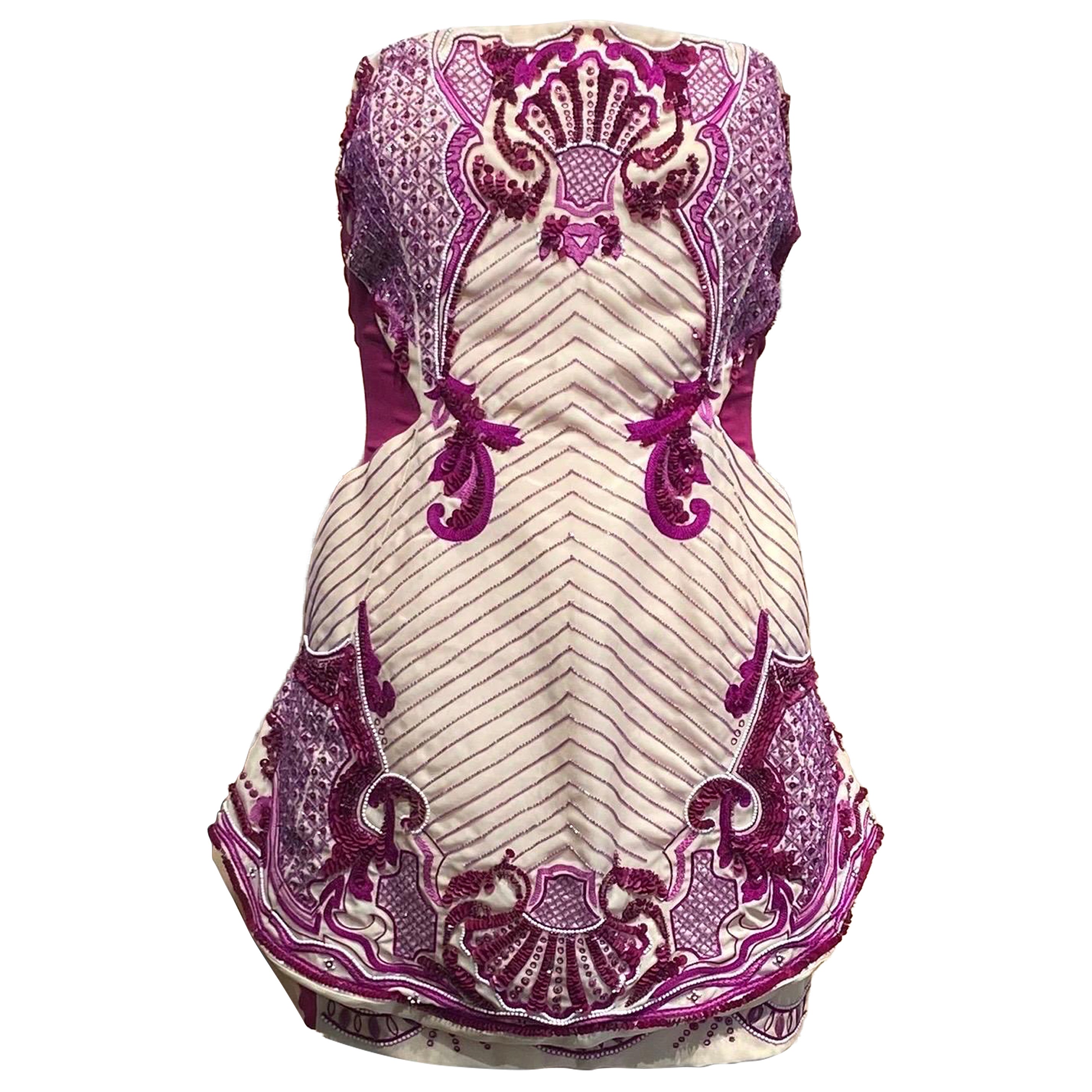 2000s Roberto Cavalli Cream and Purple Beaded Strapless Mini Cocktail Dress