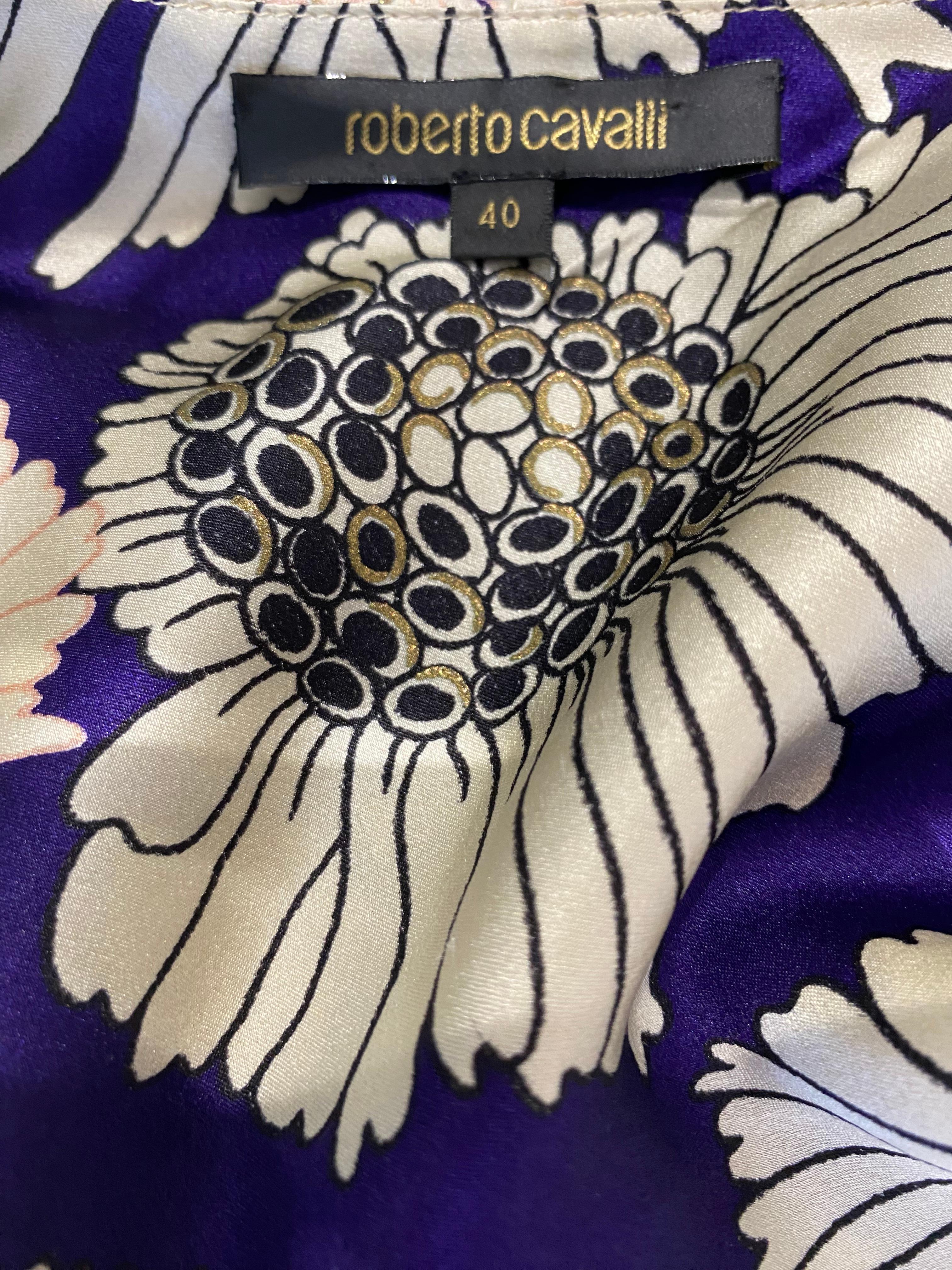 2000s Roberto Cavalli Cream and Purple Floral Print Silk Dress 7