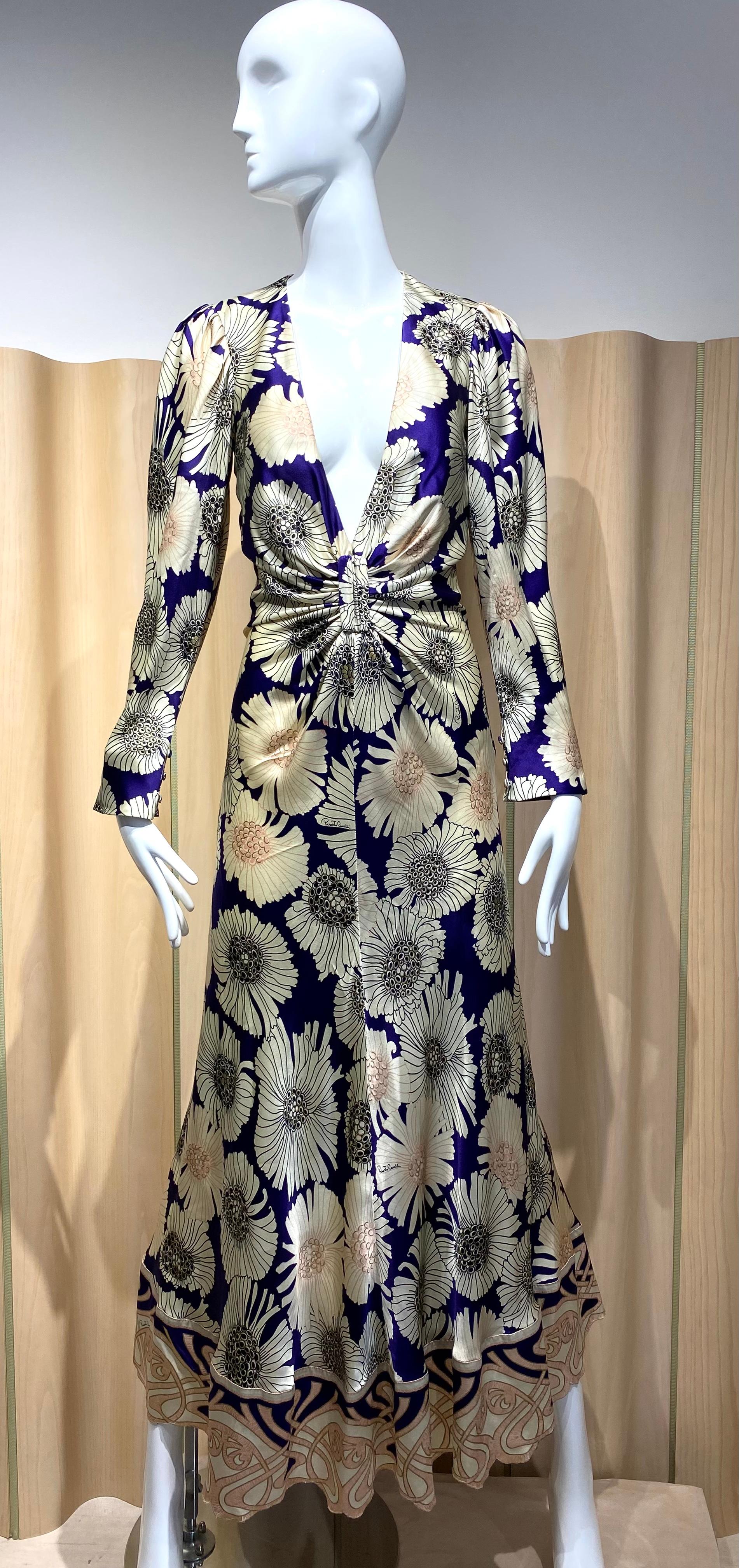 White 2000s Roberto Cavalli Cream and Purple Floral Print Silk Dress